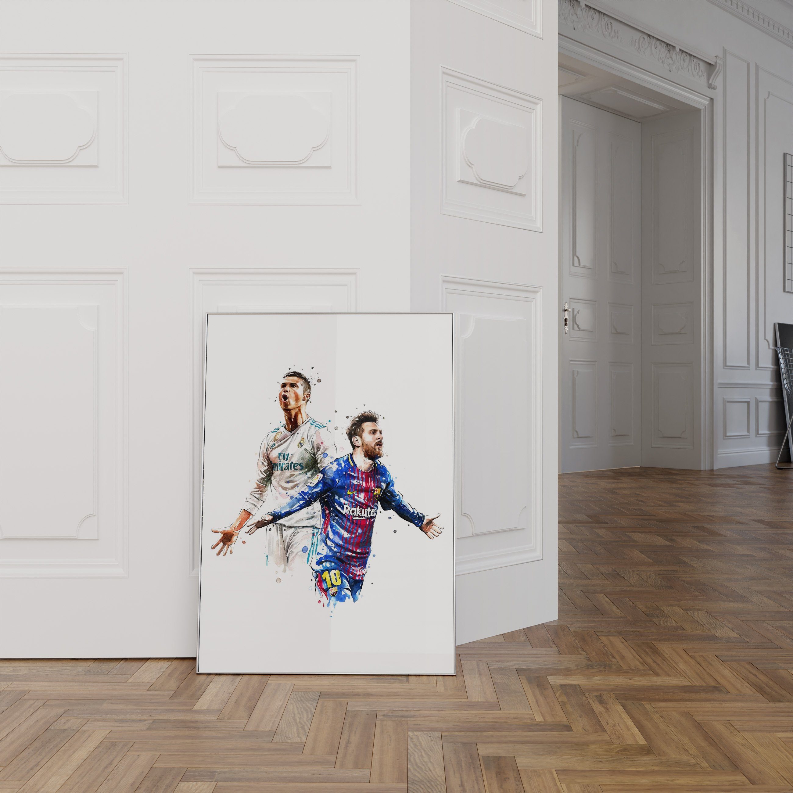Poster Premium ohne ® Messi Poster Ronaldo Fußball · · Rahmen Wasserfarben JUSTGOODMOOD