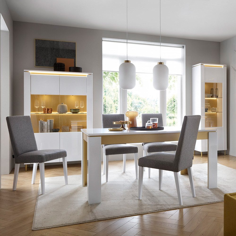 Lomadox Esszimmer-Set LUKA-129, (Spar-Set, 3-St., Esstisch Vitrine Vitrinenschrank), weiß mit goldfarbenen Akzenten