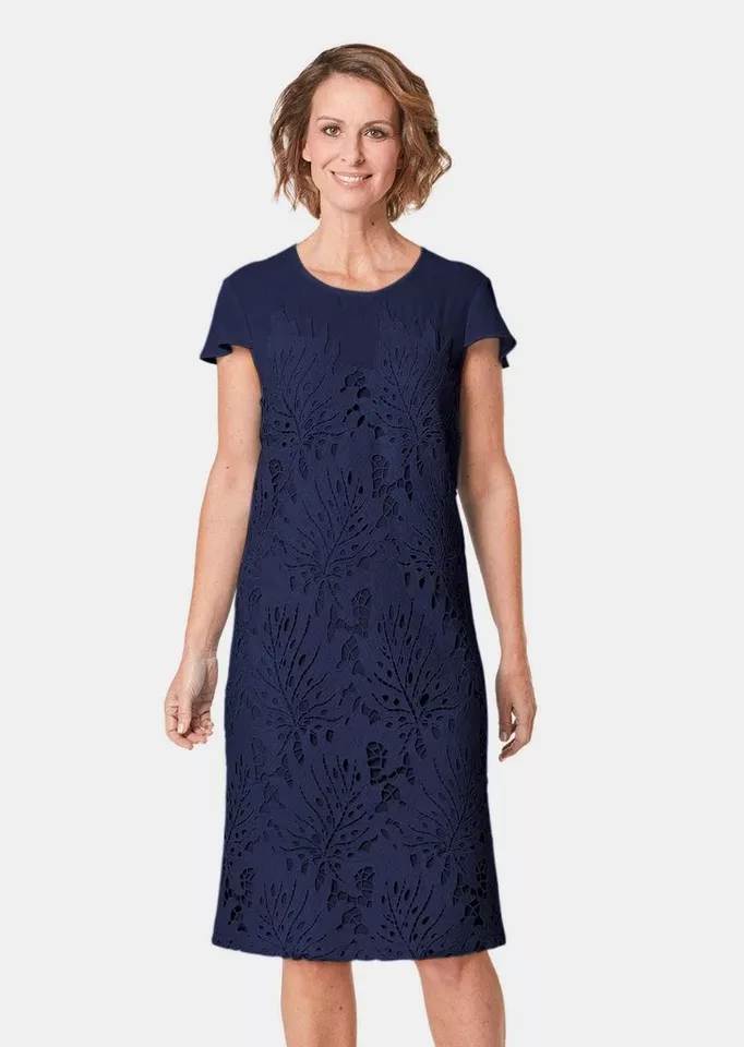GOLDNER Abendkleid Kurzgröße: Spitzenkleid aus Chiffon, Flügelärmeln Blätteroptik und Rundhalsausschnitt als Blickfang