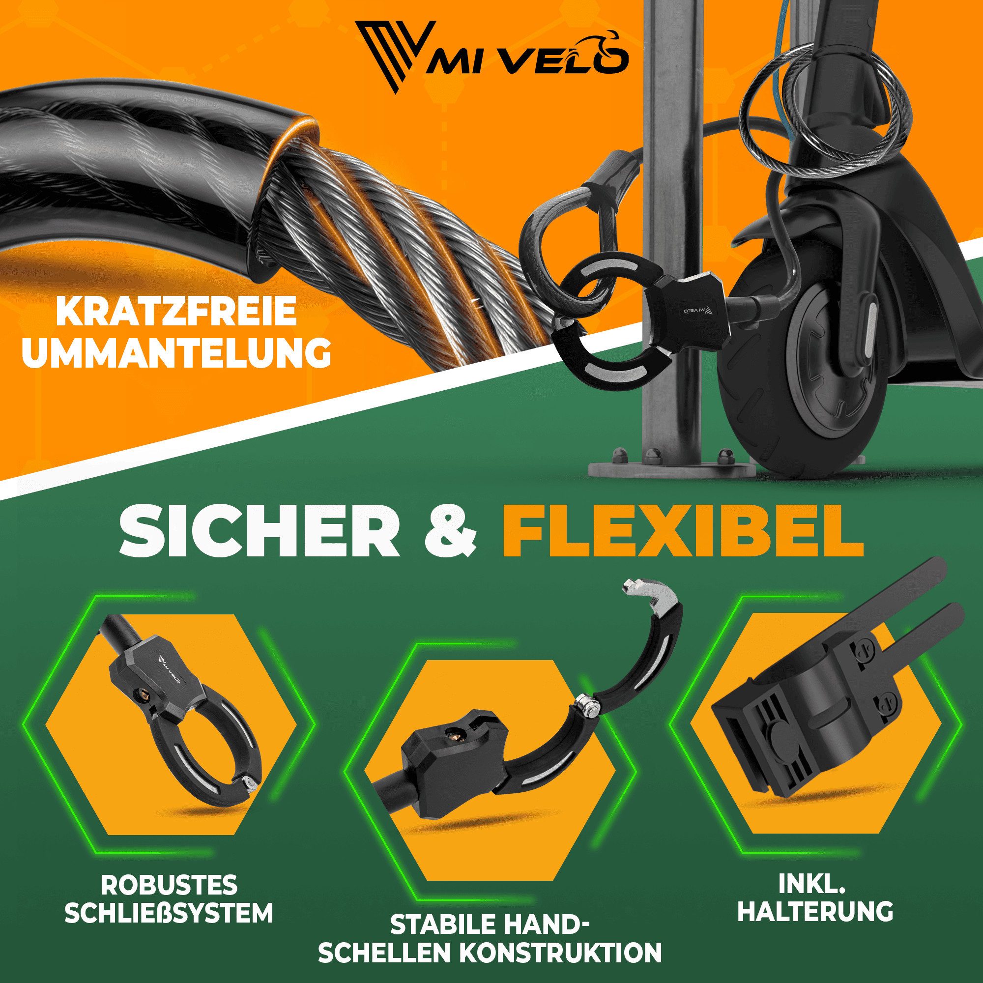 MIVELO Kabelschloss E-Scooter & Fahrrad Handschellenschloss 120 cm mit Halterung, 10 mm Stahlkern, nur 430 Gramm - maximale Flexibilität und Sicherheit