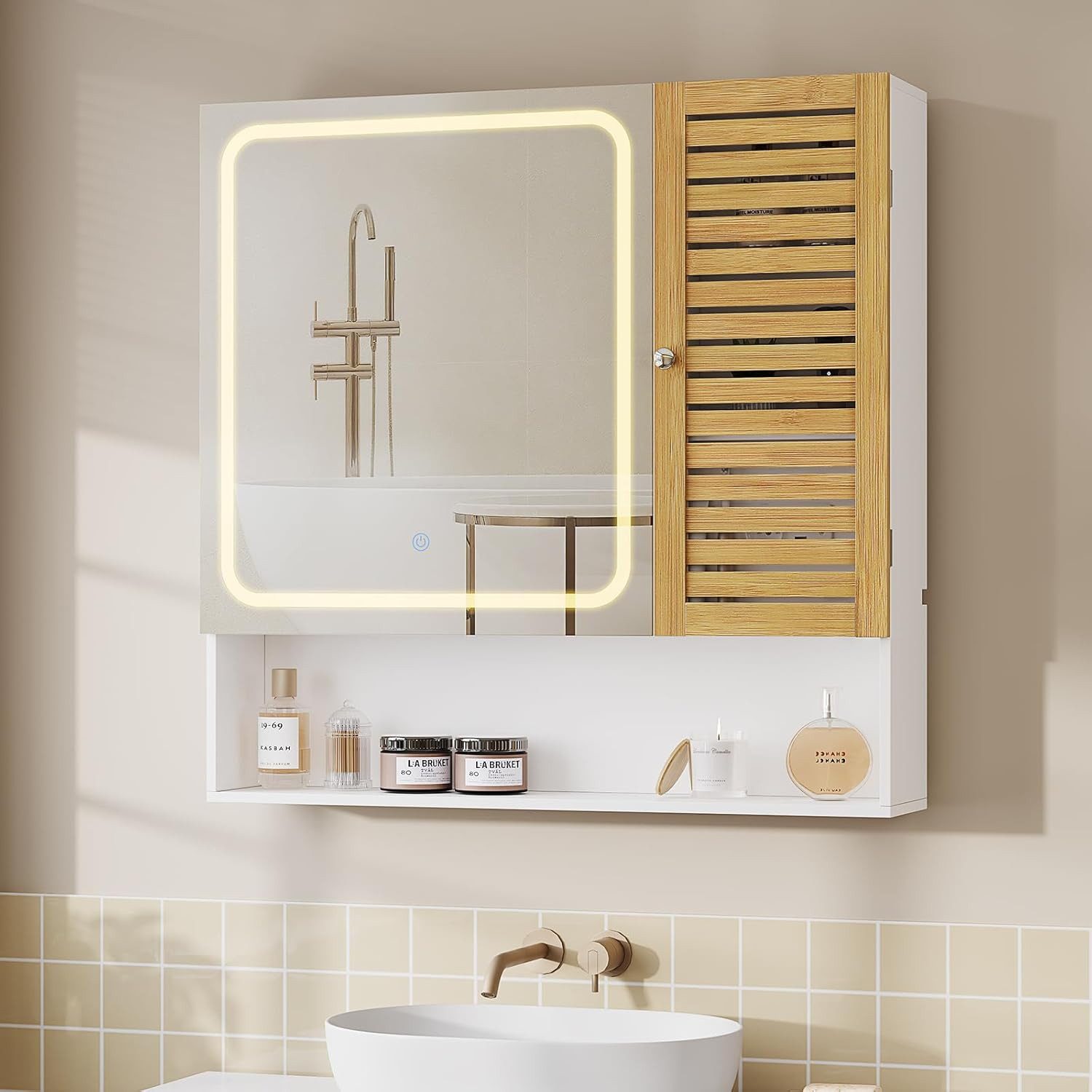MSMASK Spiegelschrank mit LED-Beleuchtung und Steckdose, Badezimmerschrank (1-St) mit Bambustür & Verstellbarer Ablage, 80×16×77cm