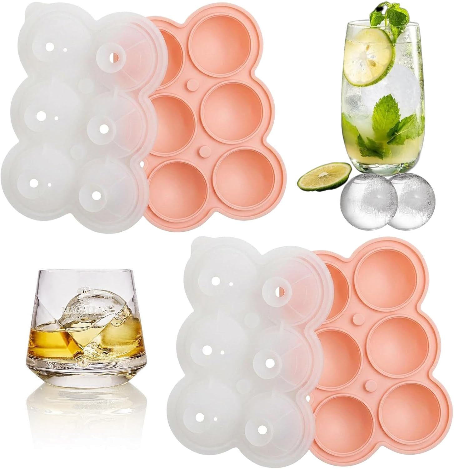 Eiswürfelform 2er Pack Eiswürfelform Silikon 12 runde Eiskugeln mit Deckel Rosa