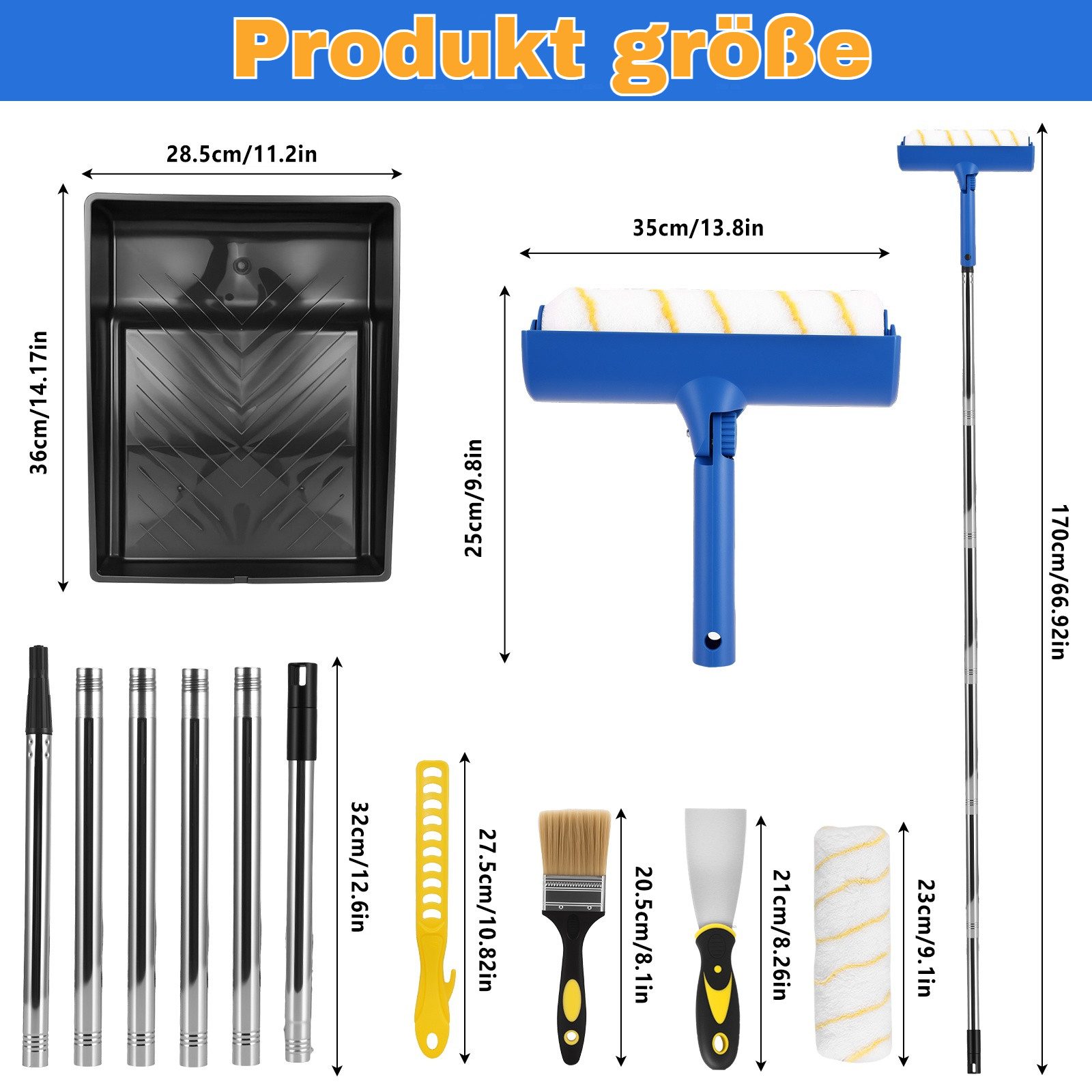 BlingBin Farbroller 12-teiliges Farbroller-Set mit 180 cm Teleskopstange, Rollen, Pinsel (12er Set, 12-St., 12-teiliges Farbroller-Set), und Schaber für Wände, Decken, Türen