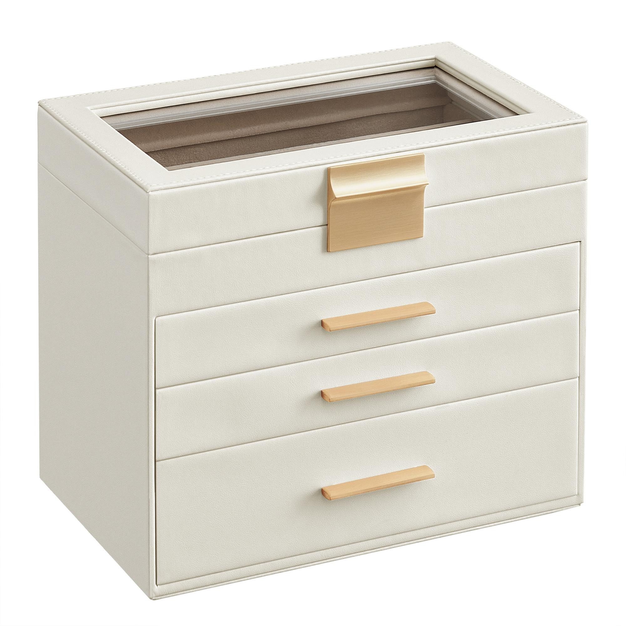 SONGMICS Schmuckkasten, mit 4 Ebenen, Schmuckbox mit Glasdeckel, 3 Schubladen