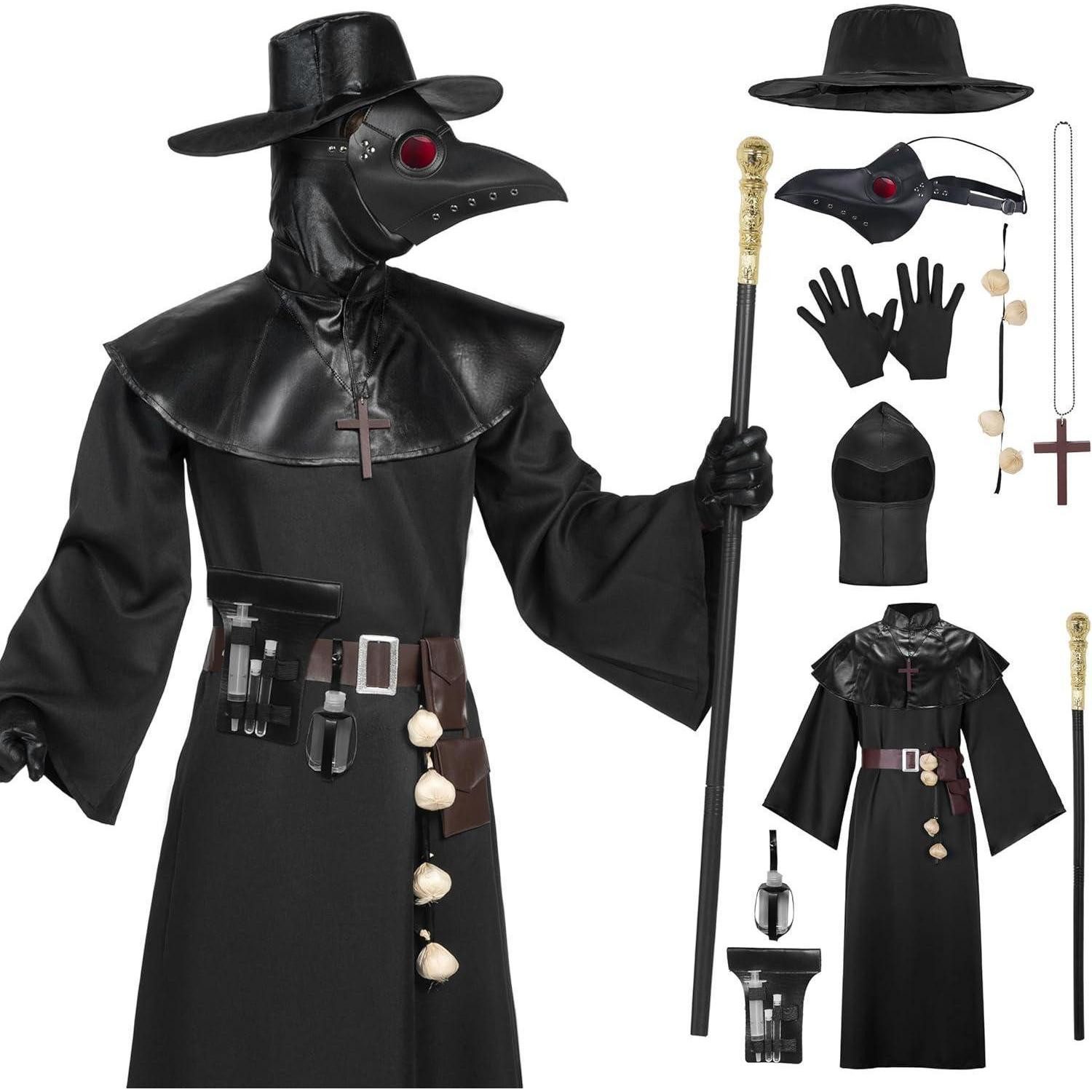 LuxusKollektion Arzt-Kostüm Herren Pestarzt Kostüm-Set Schwarz Mütze Maske Robe Handschuhe Gürtel