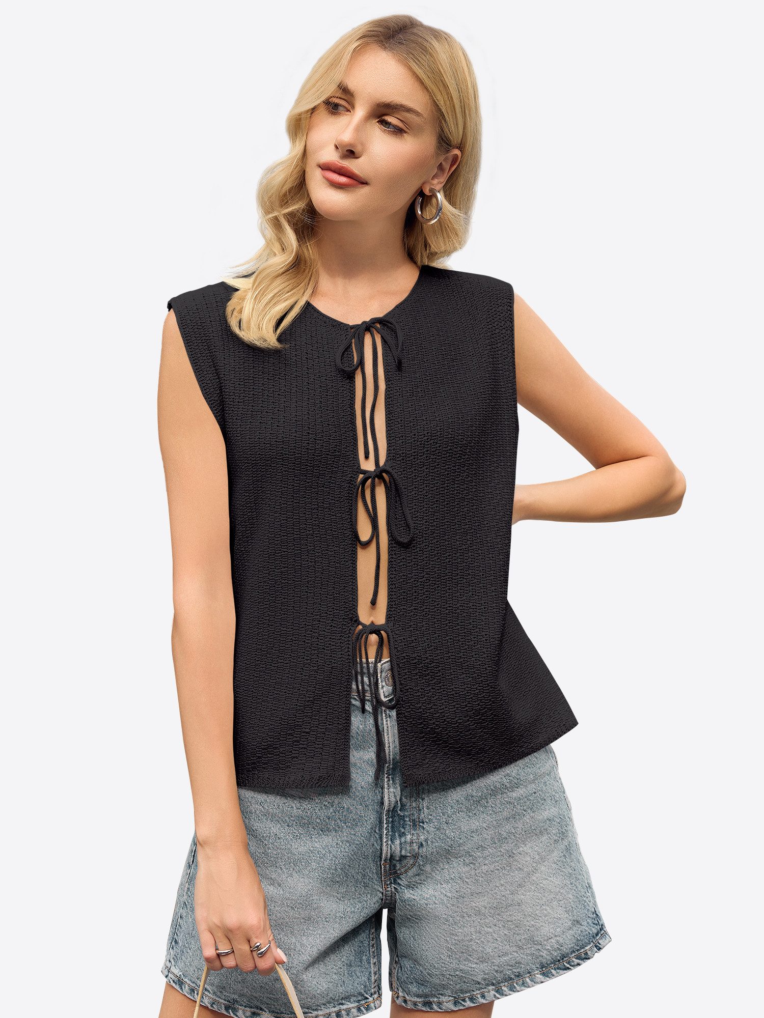 Imily Bela Strickweste Damen Ärmellos mit Bindebändern für Sommer Strandlook (Packung, 1-tlg., 1per-Pack) gehäkelt in Unifarbe