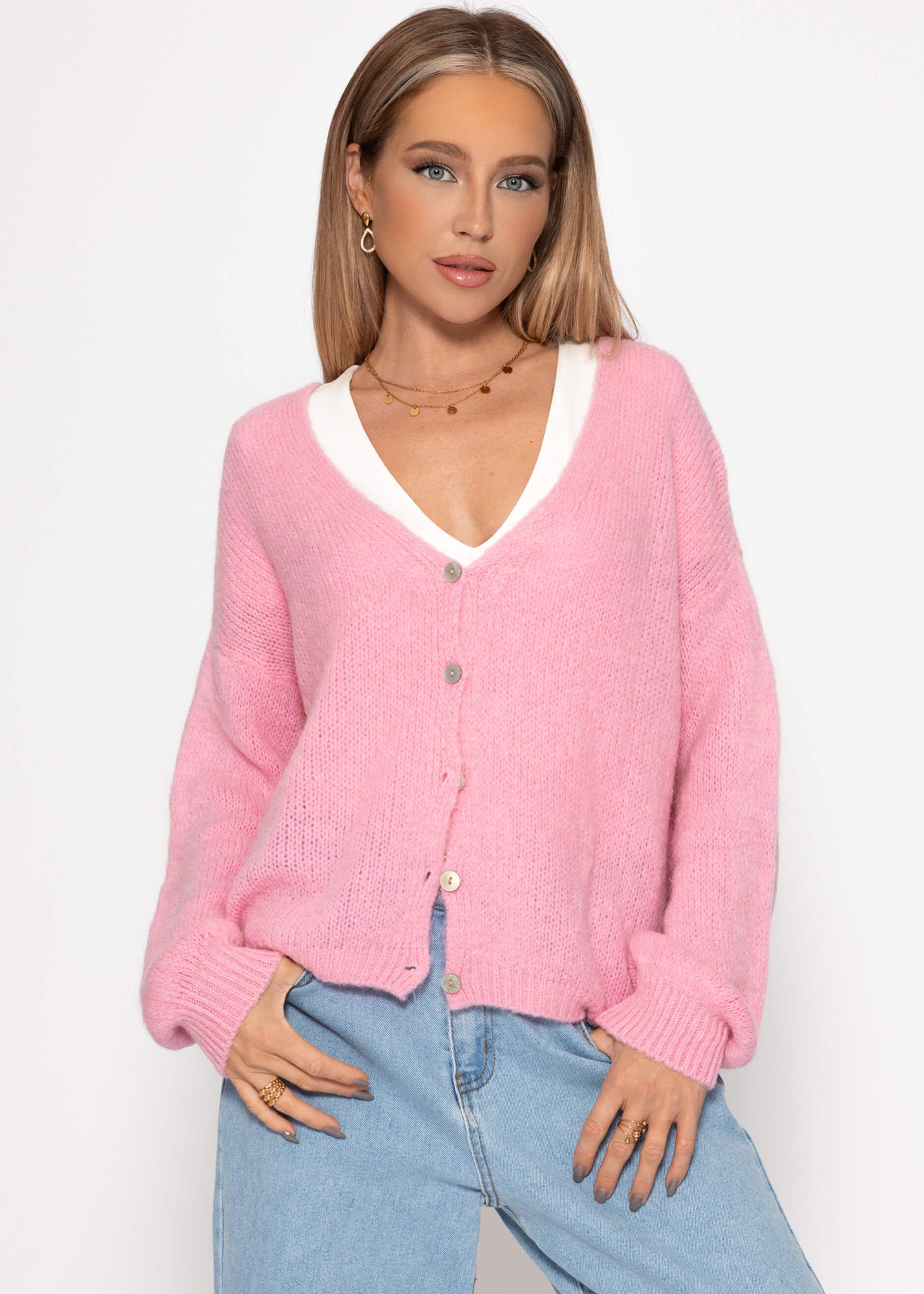 SASSYCLASSY Cardigan Cardigan mit V-Ausschnitt für Damen Gestrickter Lockerer Cardigan mit Knopfleiste Rosa Braun Grün Plum
