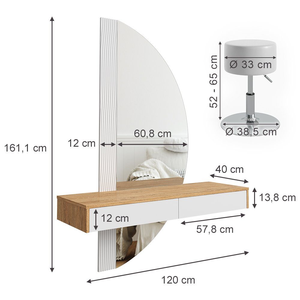 Vicco Schminktisch Melisa, Eiche/Weiß, 120 cm mit LED Beleuchtung und Hocker (2-St)