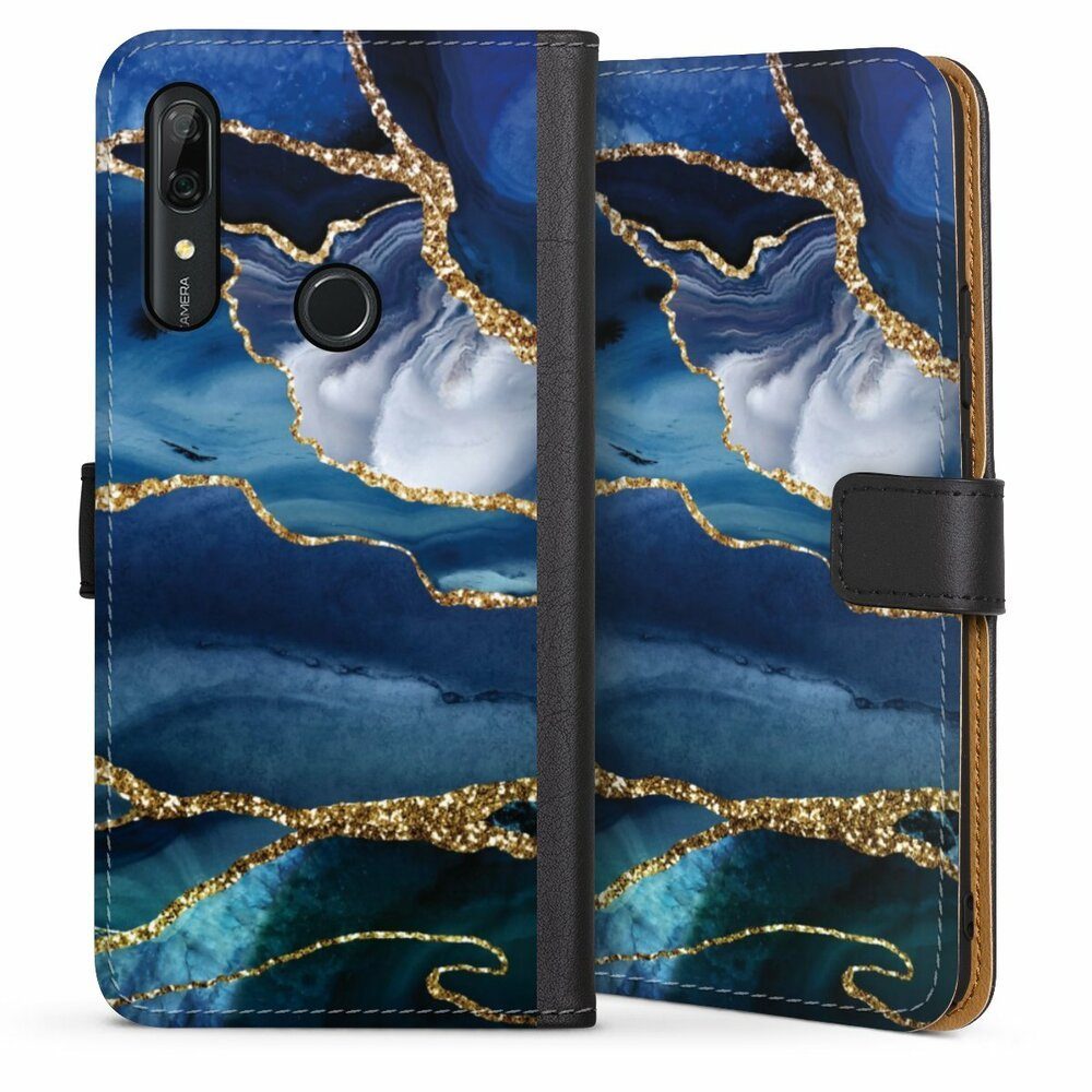 Handyhülle Blue Marble Gold Glitter Look, Hülle, Handy Flip Case, Wallet Cover, Handytasche Leder Marmor Blau Gold & Kupfer