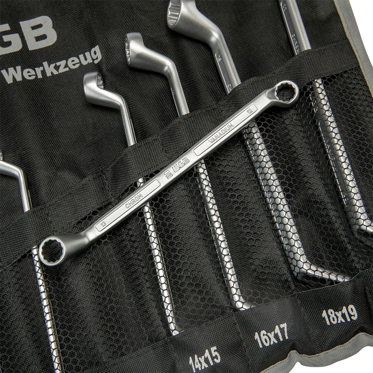 WGB BASIC Rolltasche St), Doppelringschlüssel-Satz PLUS Chrom-Vanadium 8 verchromt, (Set, gekröpft, in Ringschlüssel Stahl