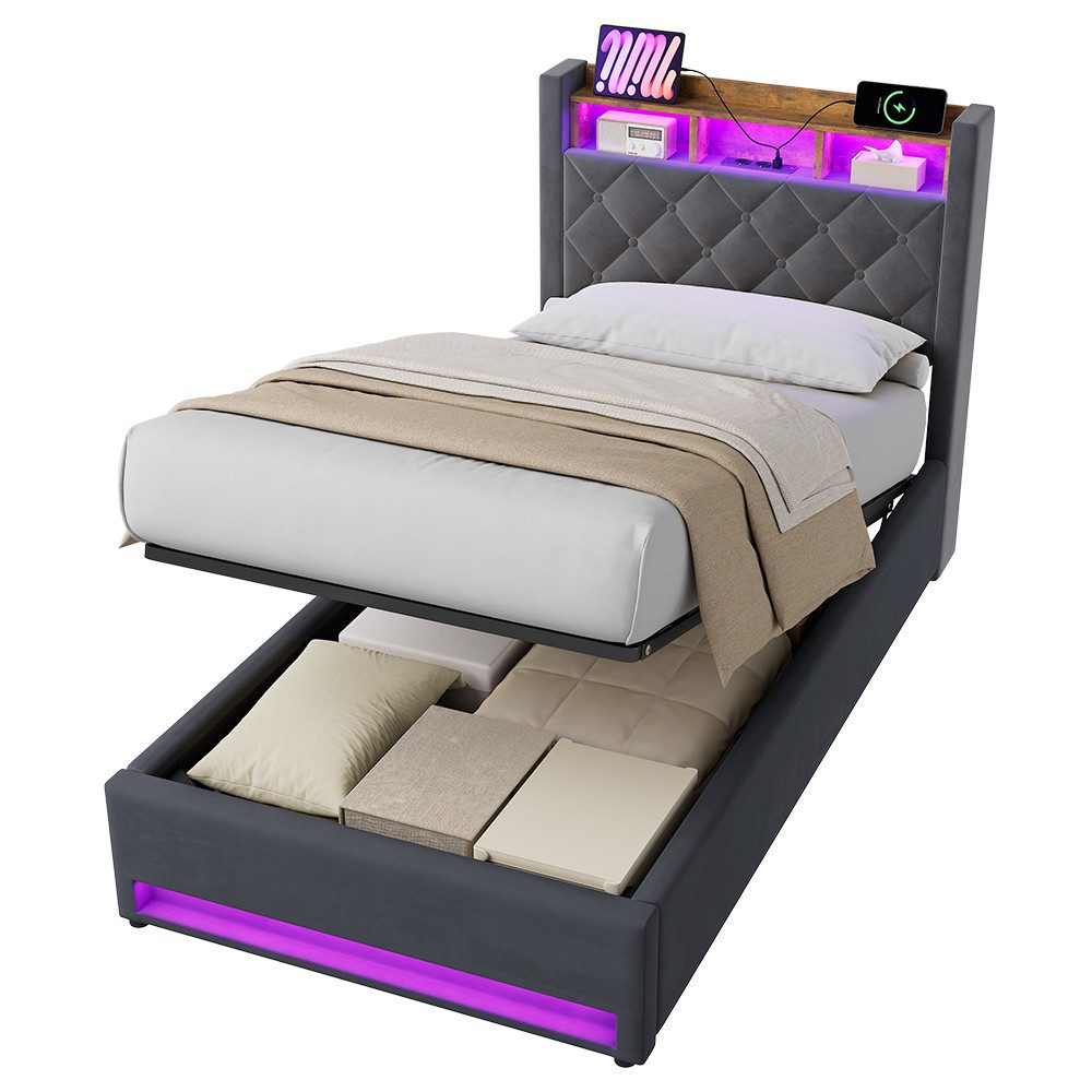 REDOM Polsterbett mit Premium-Samt – Stabil, Komfortabel, Zeitlos (Robuster Holz-Eisen-Rahmen • Atmungsaktiver Schaum • Inklusive Lattenrost, 1-tlg), Mit LED-Lichtleiste und USB-Aufladung