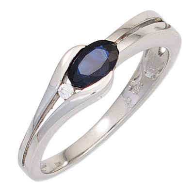 Schmuck Krone Diamantring Ring mit Saphir blau, Brillant, 333 Weißgold, Gold 333