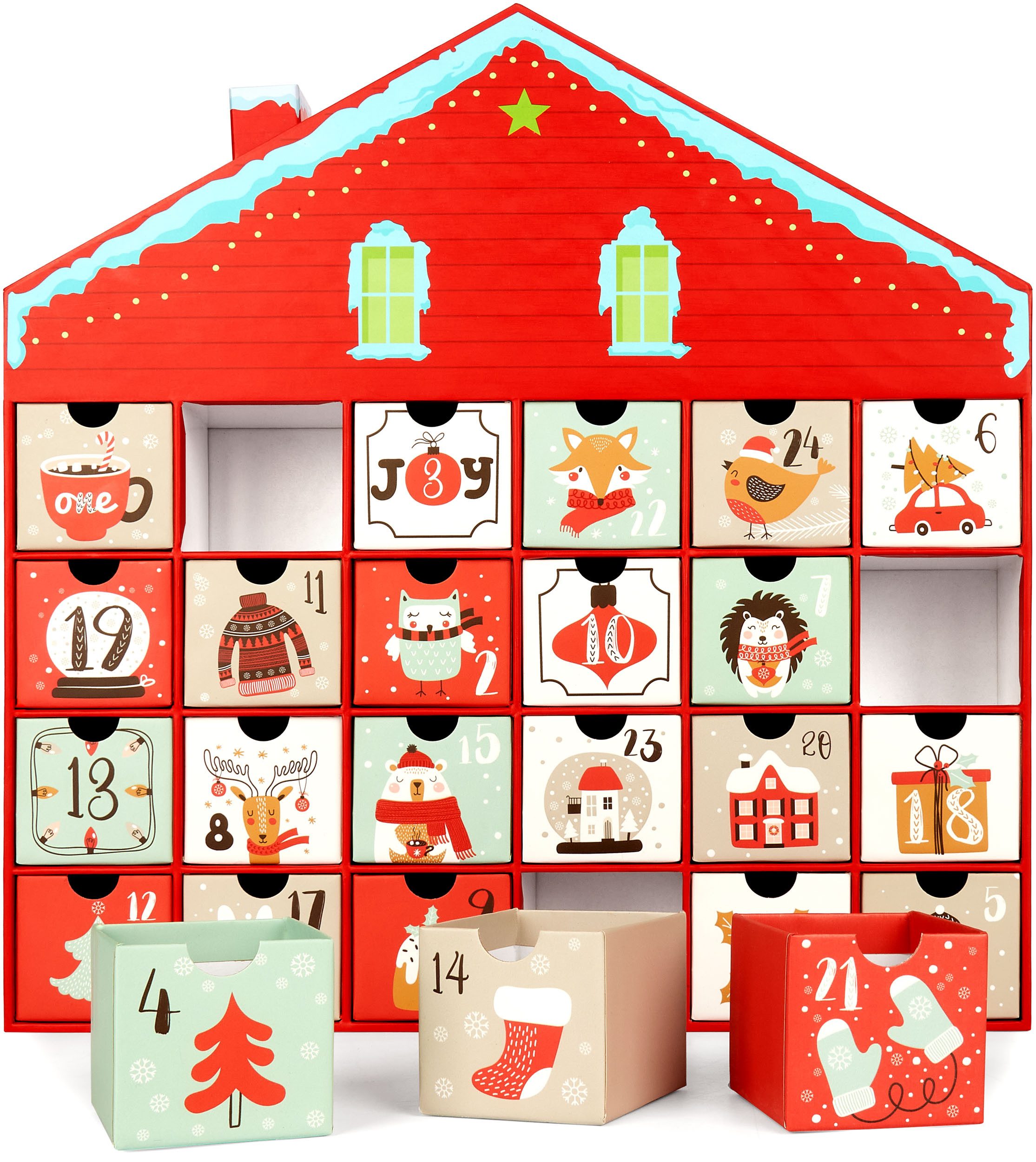 BRUBAKER befüllbarer Adventskalender Weihnachtshaus - Weihnachtskalender zum Befüllen (40,5 cm groß aus Pappe - Rot, 1-tlg), DIY Kalender mit 24 Türchen für Gut – Bild 5 von 5