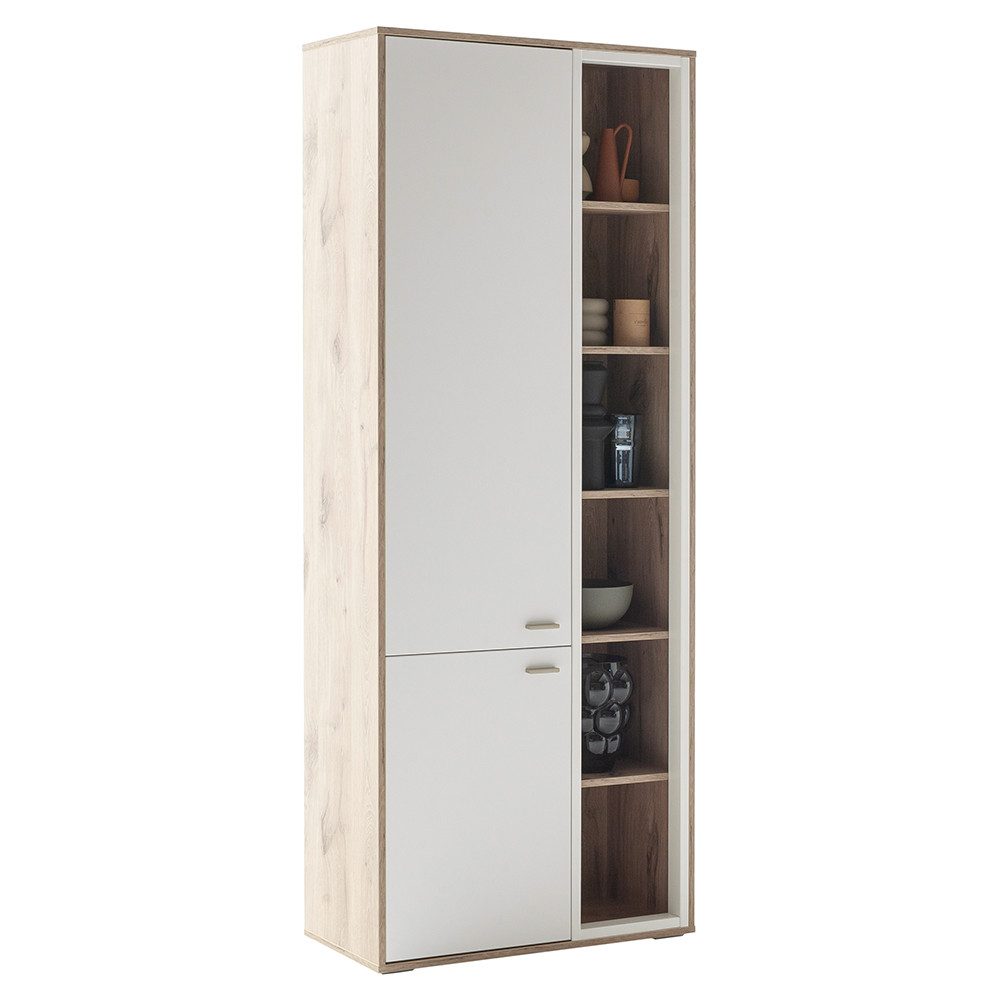 Lomadox Vitrine SAGUNTO-05 in Eiche und weiß, mit Softclose-Funktion