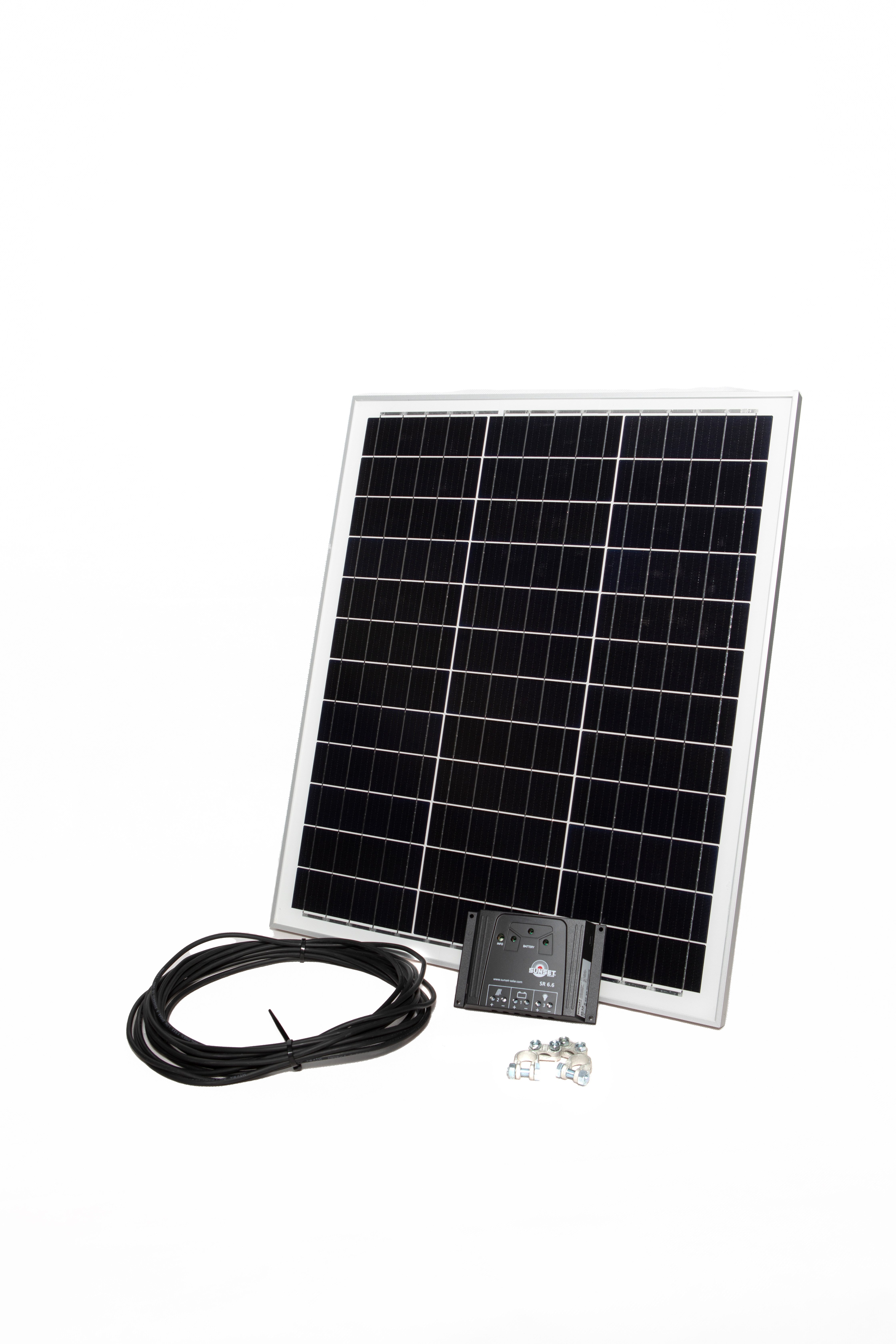Sunset Solaranlage Stromset PV 45, 45 Watt, 12 V, für Fahrzeugdach/Boot/Gartenhaus, (inkl. Laderegler 6 A, 5 m Kabel, Batteriepolklemmen, "Made in Germany" nach ISO 14001 zertifiziertem Umweltmanagement