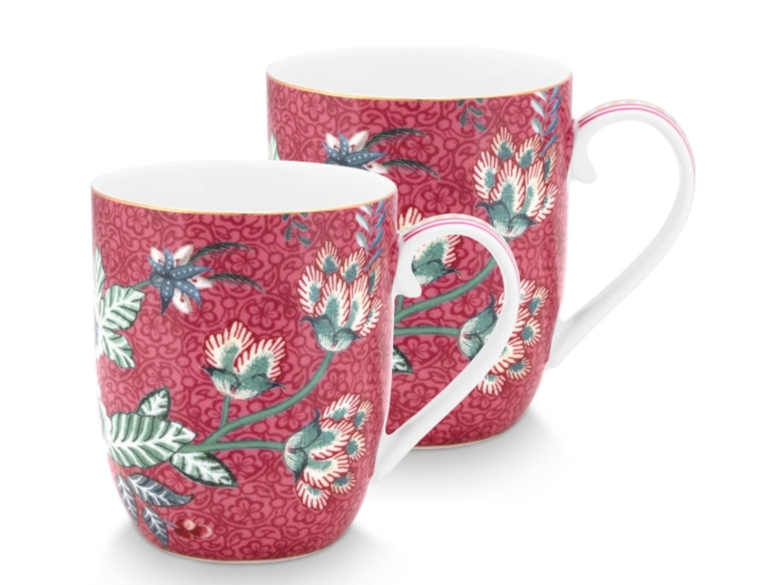 PiP Studio Becher Flower Festival Henkelbecher dark pink 145 ml Set2, Porzellan, Set/2 Mugs Small Flower Festival Dark Pink 145ml