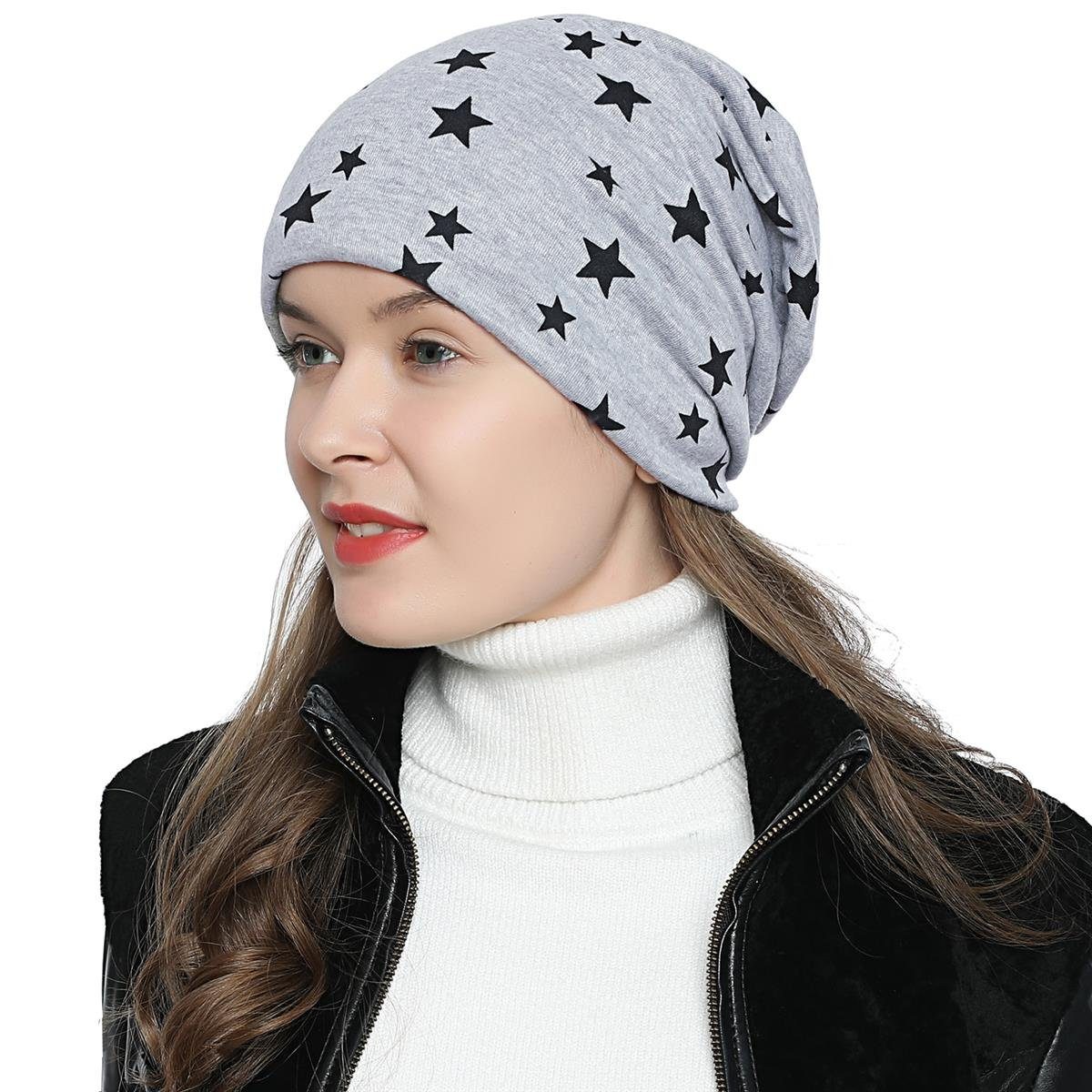 DonDon Beanie Damen Slouch Sternen mit Sternenprint, dunkelgrau Strass- mit (Packung, Wintermütze, 1-St) oder mit Print Pailletten-, Beanie Teddyfleece