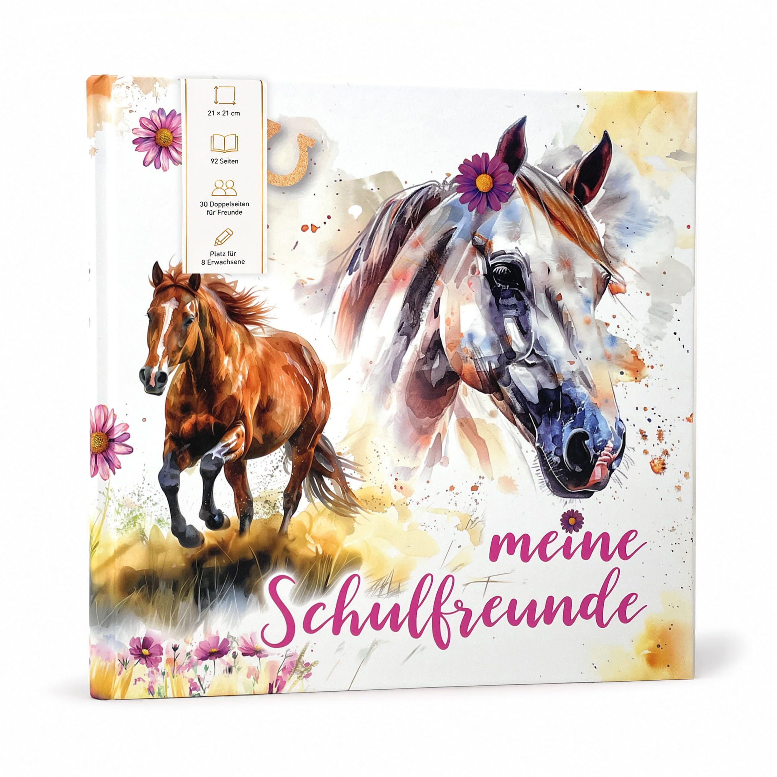 TOBJA Poesiealbum Freundebuch Grundschule Pferde 21x21 cm - 30 Freunde, 8 Erwachsene, Pferde-Motiv, 92 Seiten, 30 Doppelseiten, FSC®-Papier