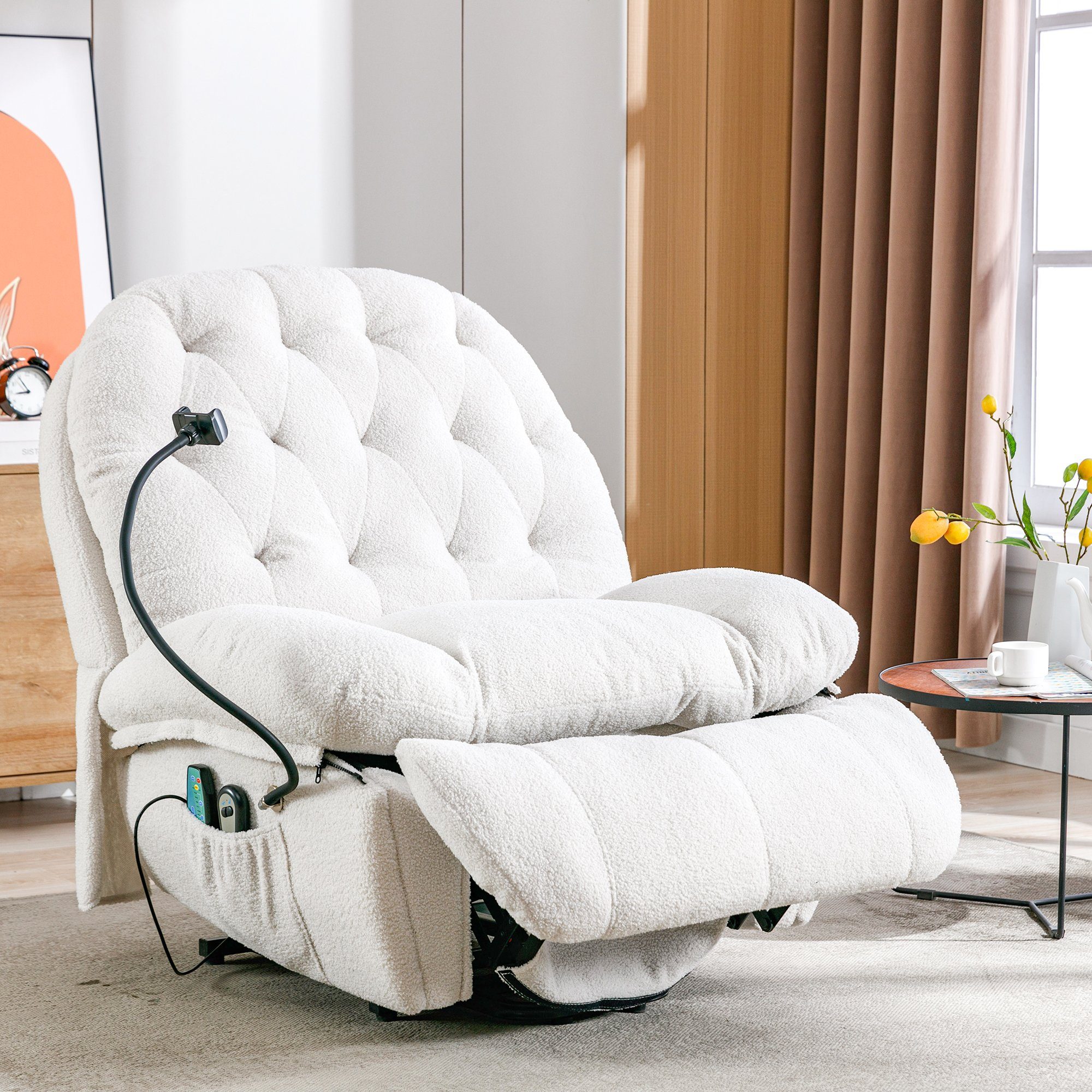 Merax TV-Sessel mit Vibration und Wärmefunktion, Relaxsessel mit Fernbedienung, Massagesessel mit Handyhalterung, Aufstehhilfe Weiß