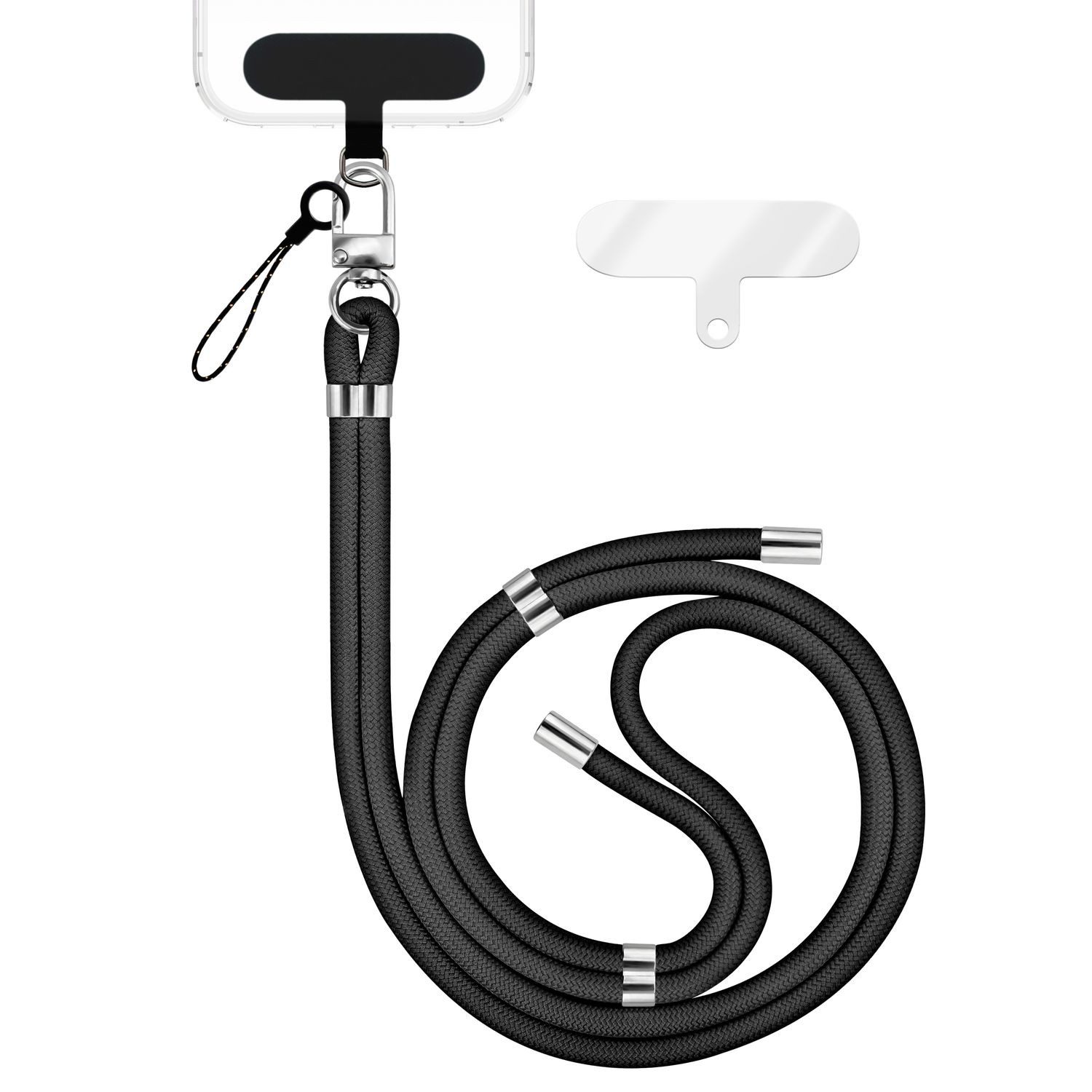 Nalia Handykette Universal Smartphone, Nylon Handyband / Karabiner Silber & 2 Pads / 35-75cm Tragelänge