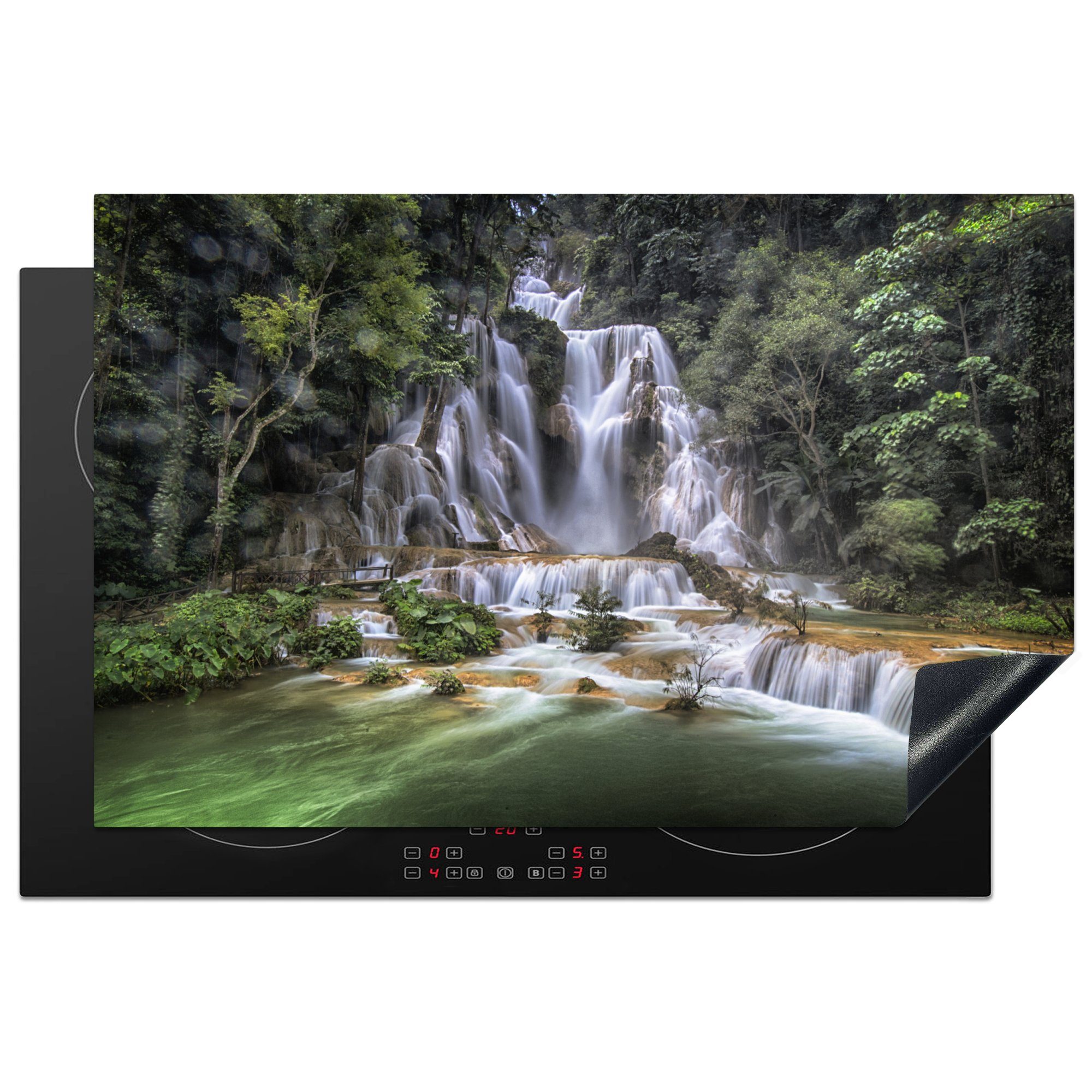 MuchoWow Herdblende-/Abdeckplatte Wasserfall - Bäume - Laos, Vinyl, (1 tlg), 81x52 cm, Induktionskochfeld Schutz für die küche, Ceranfeldabdeckung