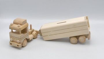 MyBer® Spardose Auto LKW Spardose aus Massivholz mit Anhänger, (2-tlg., mit abnehmbarem Anhänger), Handarbeit, Sparschweinchen Holz, ideales Geschenk