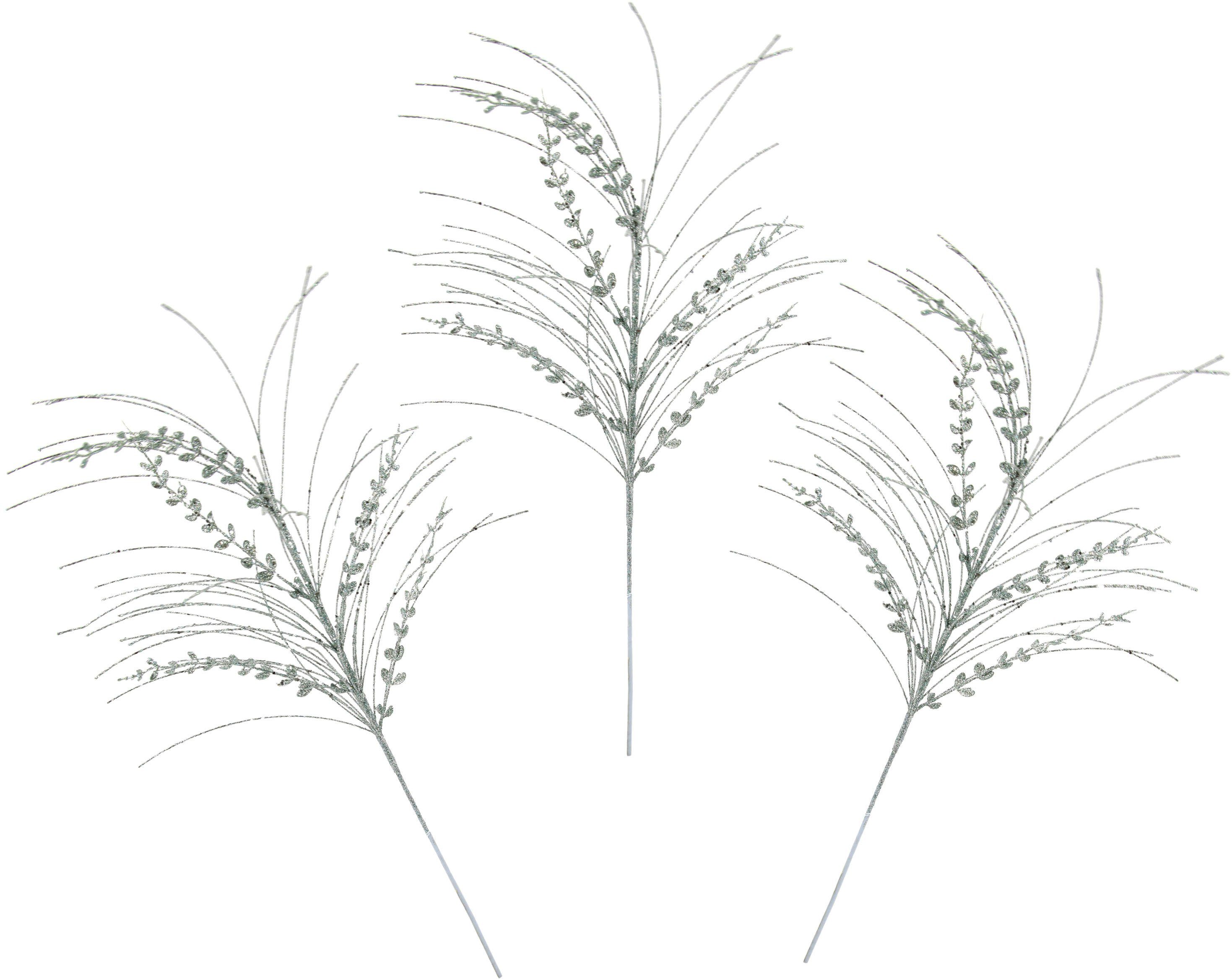 Winterliche Kunstpflanze Kunstzweig, künstlicher Weihnachtszweig mit Blätter Graszweig mit Eukalyptus, I.GE.A., Höhe 80 cm, mit Glitzer und Dekosteinen, 3er Set, Weihnachtsdeko