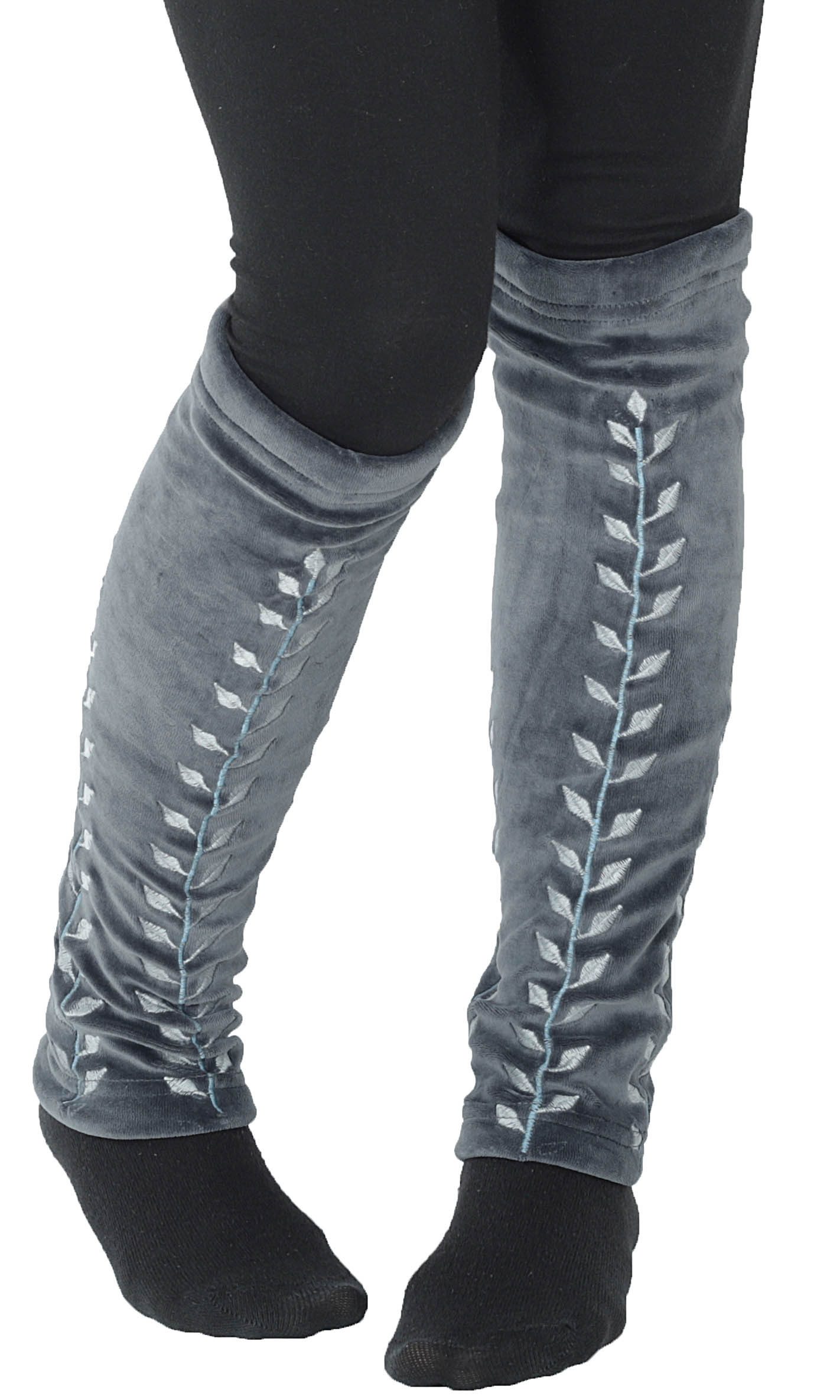 PUREWONDER Beinstulpen Beinstulpen aus Samt, Stulpen mit Blätter-Ranken LW14 Grau (1 Paar) Einheitsgröße