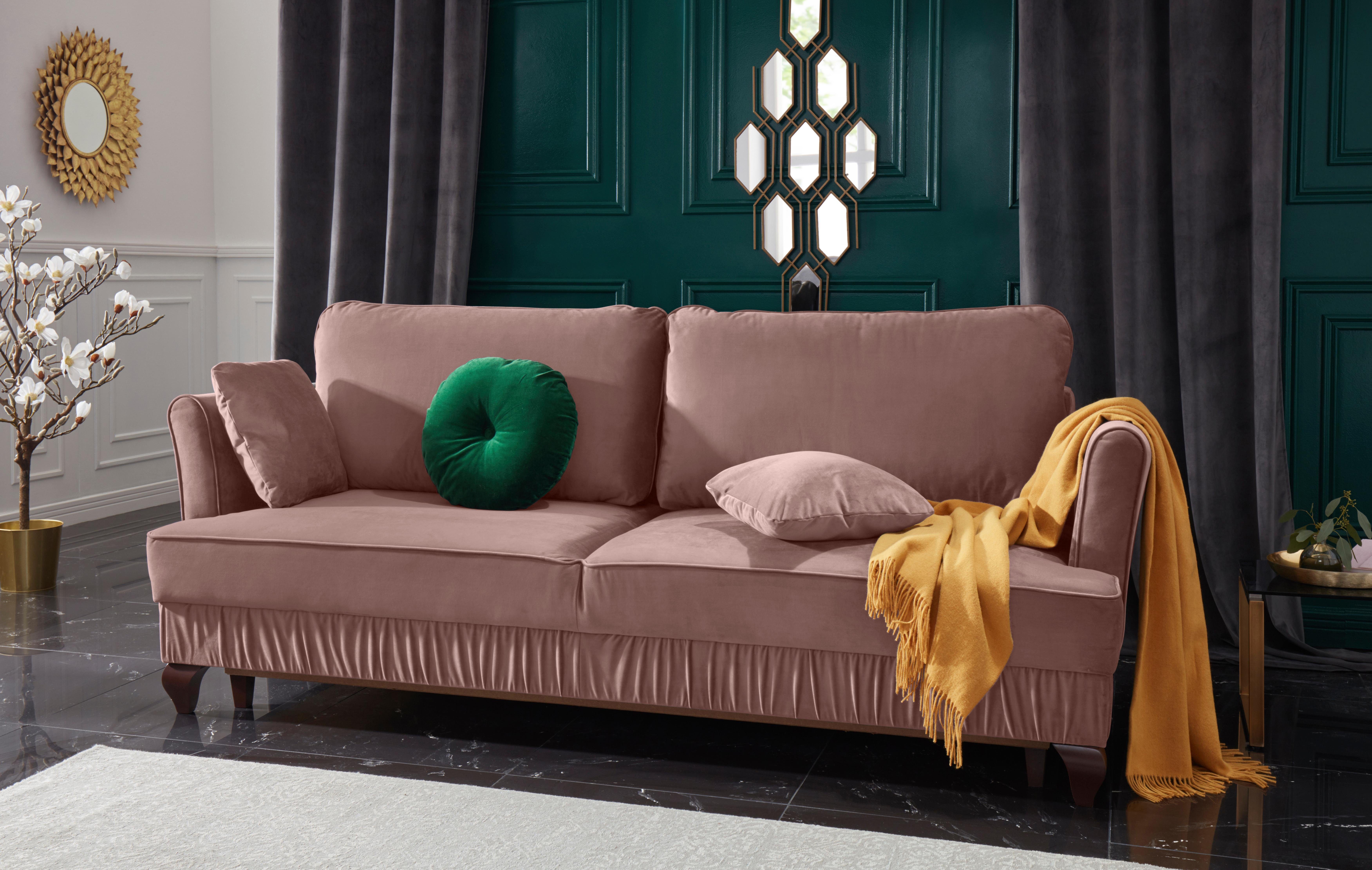 Leonique Schlafsofa Liliette Mit Dekorativen Raffungen Inklusive Bettfunktion Und Bettkasten Online Kaufen Otto