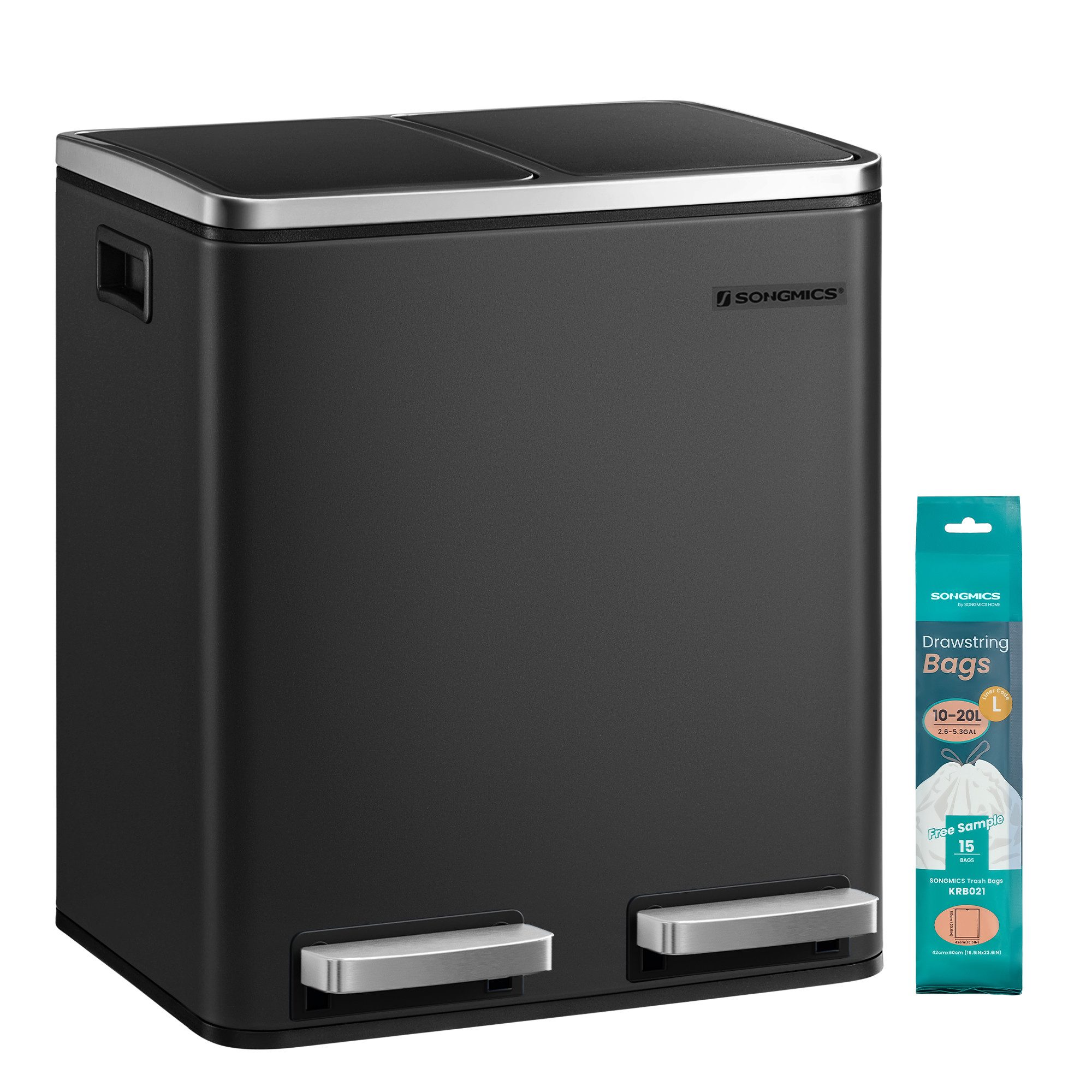 SONGMICS Mülleimer Mülltrennsystem 2 x 15 L, Abfalleimer, 30L, ergonomisch, Stahl, Metall-Fußreling