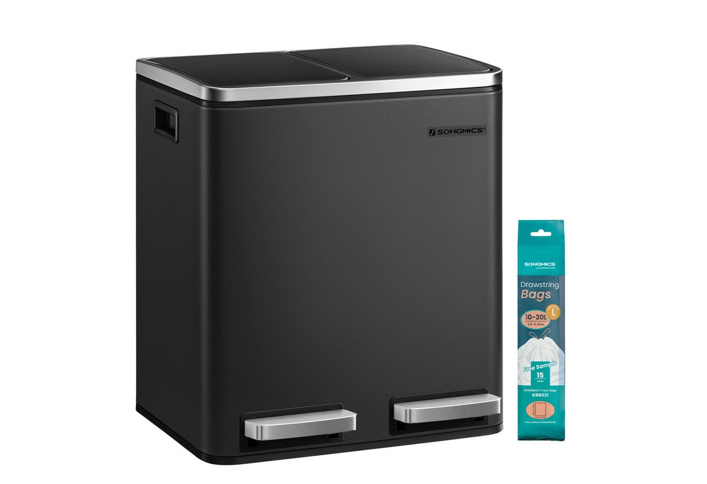 SONGMICS Mülleimer 2x15L, Außenbehälter aus Stahl, Klappdeckel, Softclose, 15 Müllsäcke, 2 x 15 L, Inneneimer aus Kunststoff, Klappdeckel, Softclose, luftdicht