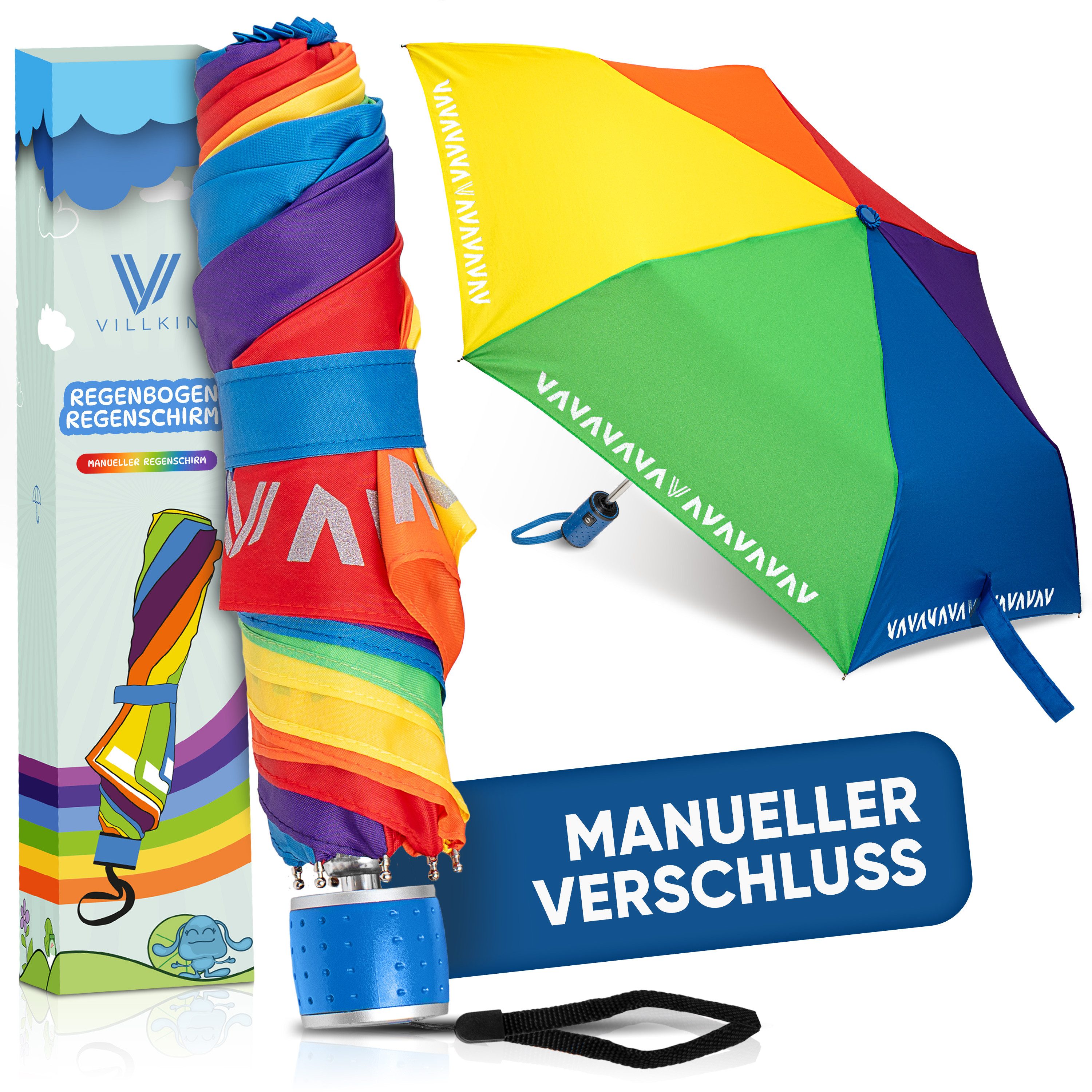 Villkin Taschenregenschirm, Kinderschirm Bunt mit Reflexstreifen, Regenschirm, Mini-Schirm, kompakt, leichtgewicht, trocknet schnell, Reflexstreifen