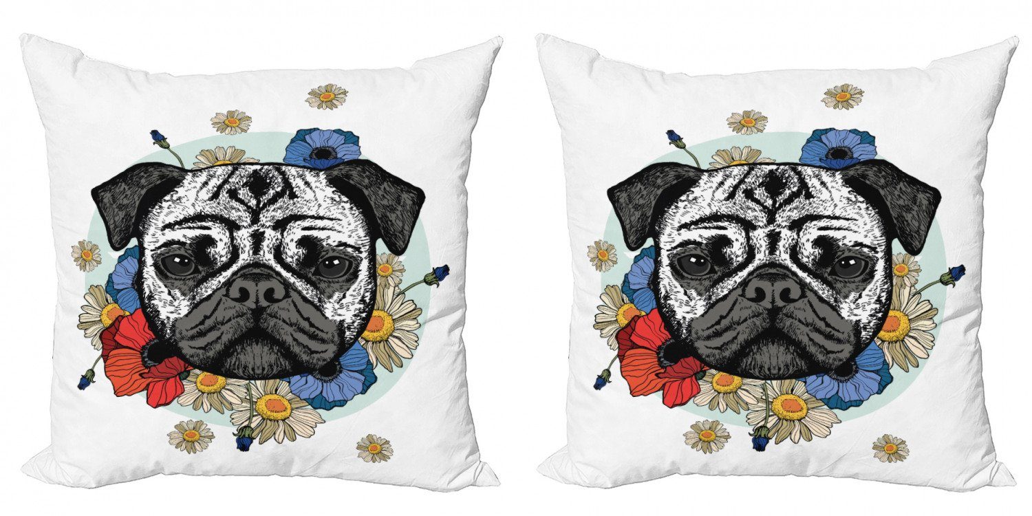 Digitaldruck, Blumen Accent Bulldogge Stück), (2 mit Kissenbezüge Hundeskizze Doppelseitiger Modern Abakuhaus