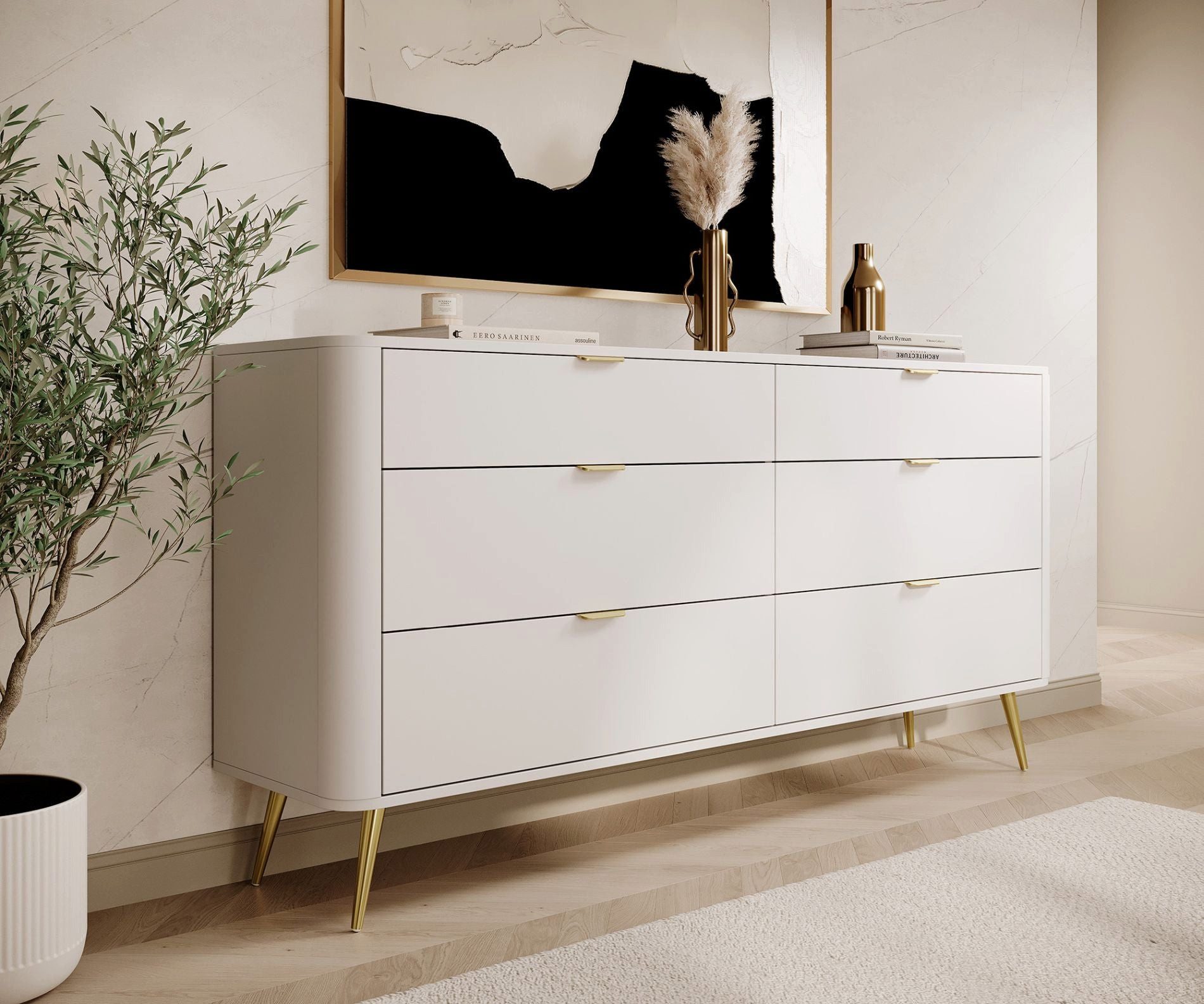 Selsey Kommode OVAL, mit 6 Schubladen, goldenen Füßen und Griffen, 172 cm