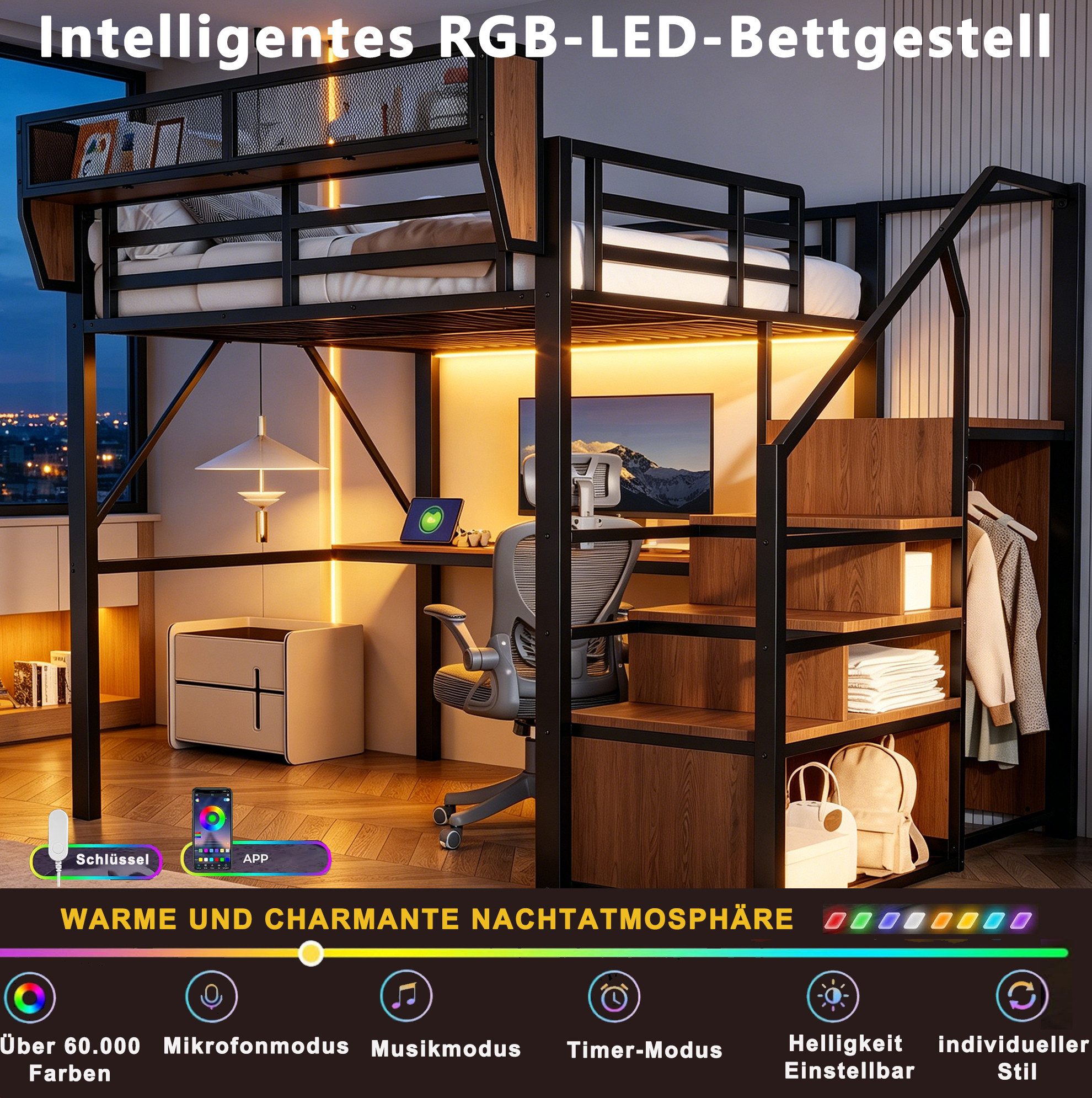MODFU Hochbett mit integriertem Schreibtisch, Metallbett Jugendbett (LED-Beleuchtung und flexiblem Regal, 140x200 cm multifunktionales Loftbett) Kinderbett für Jugendzimmer, Bürobereich, ohne Matratze