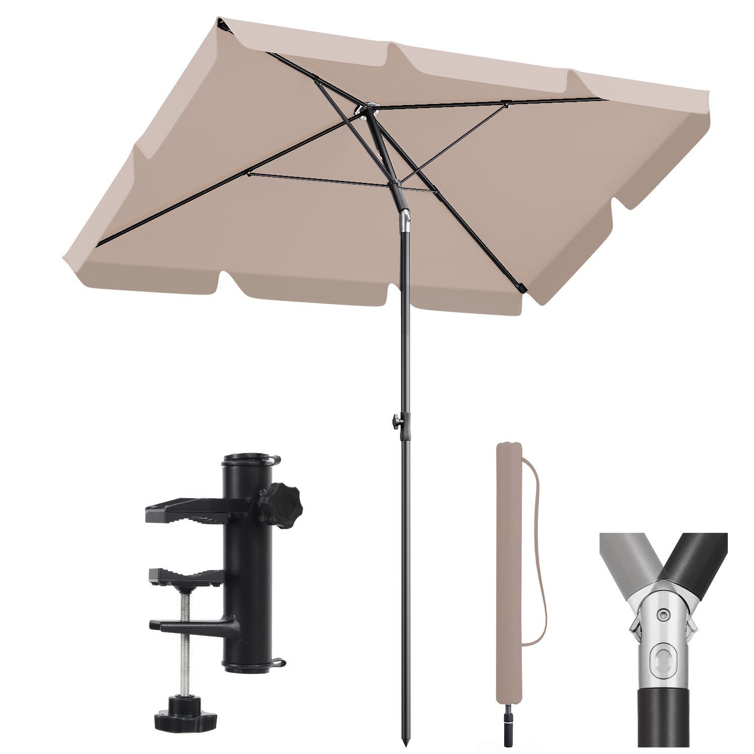 Sekey Sonnenschirm 200 × 125cm Balkonschirm rechteckig höhenverstellbar, mit Schirmhalter, LxB: 200x125 cm, mit Schutzhülle, Neigbar, UV50+ Schutz, wind- & wasserfest, für Garten