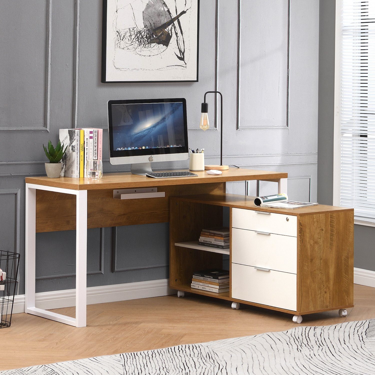 home Wildeiche B&D mit (2-teilig), Eckschreibtisch Schreibtisch | Weiß Rollcontainer IDA Schreibtisch