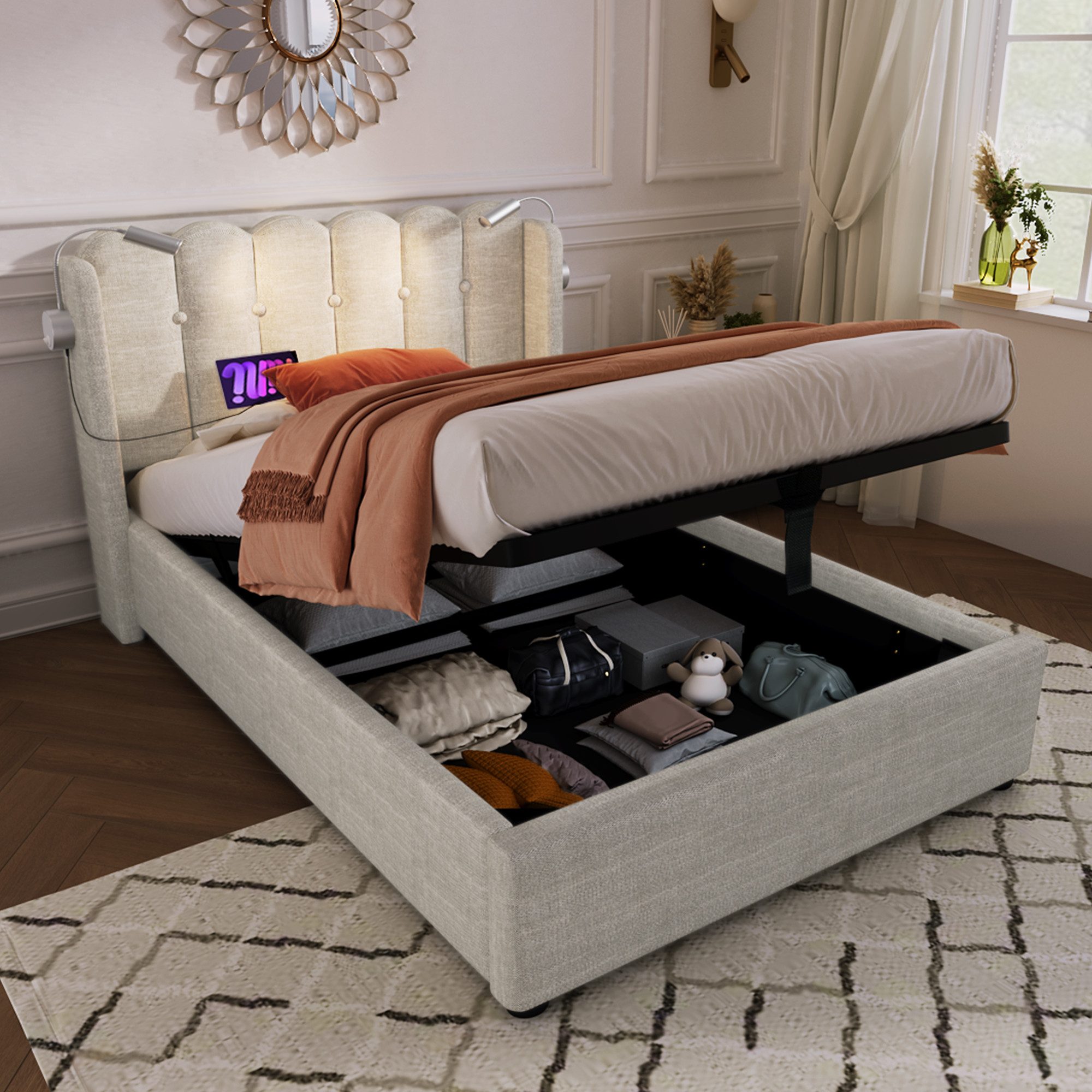 Flieks Polsterbett, Hydraulisches Stauraumbett mit Leselicht und Ladefunkti günstig online kaufen