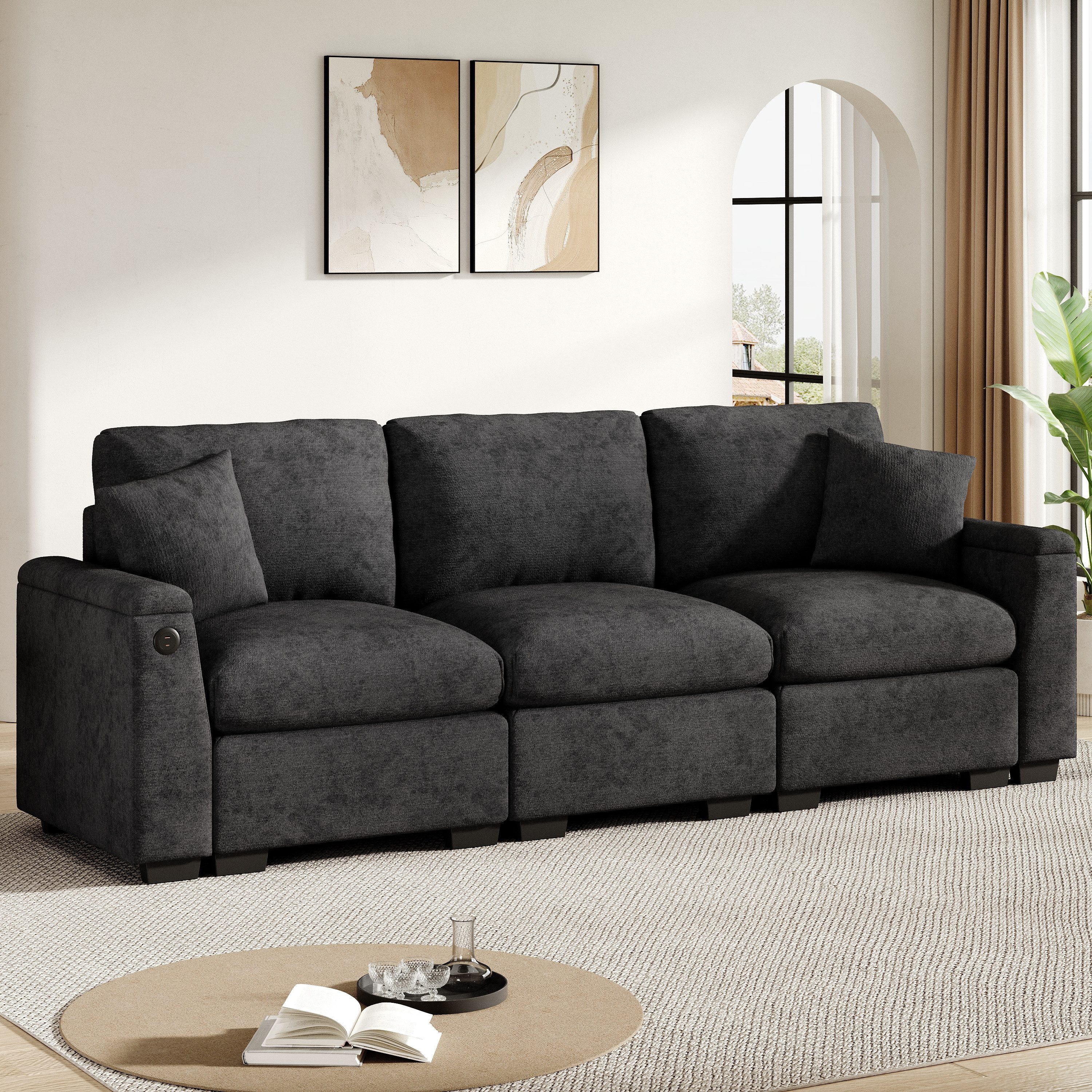 Merax 3-Sitzer Sofa aus weichem Chenille, Multifunktionssofa mit USB-Anschluss, für Wohnzimmer, Büro und Heimkino 1 Teile, XXL Sofa mit klappbarer Rückenlehne, Getränkehalter & Stauraum