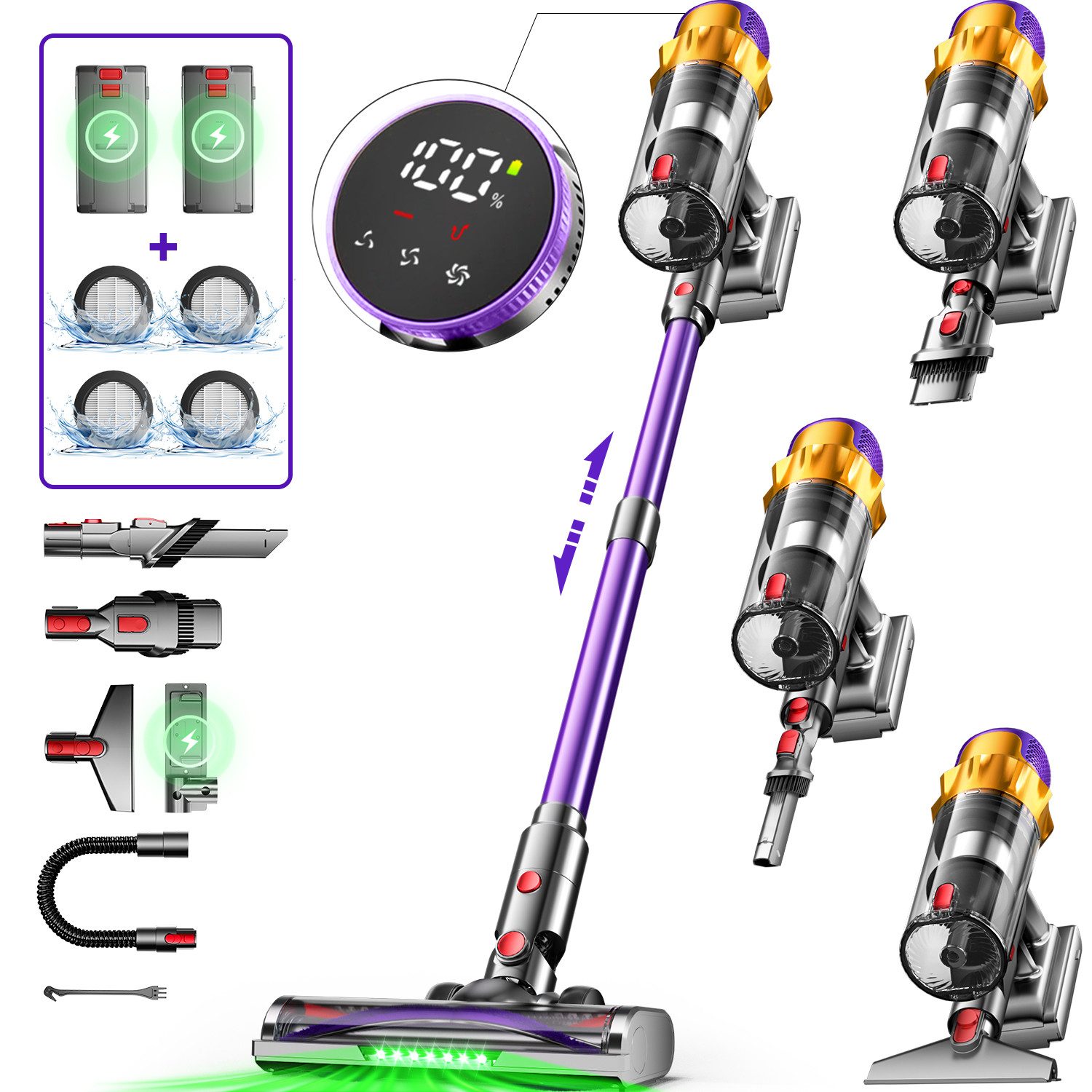 Hiazurm Akku-Hand-und Stielstaubsauger Akku Staubsauger, 80000Pa/700W/70Min/1.8L Kabelloser Staubsauger, 8-in-1 Akkusauger für Teppich, Hartboden, Tierhaare,HEPA*4, Akkustaubsauger grünem LED-Licht Bürste für Teppiche,Mit LED Display