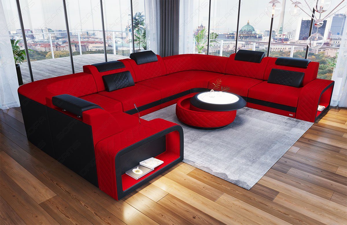 Sofa Dreams Wohnlandschaft Polster Stoffsofa Couch Stoff Sofa Foggia U Form Polstersofa, mit LED, Stauraum, USB-Anschluss, Designersofa C134 Rot-Schwarz