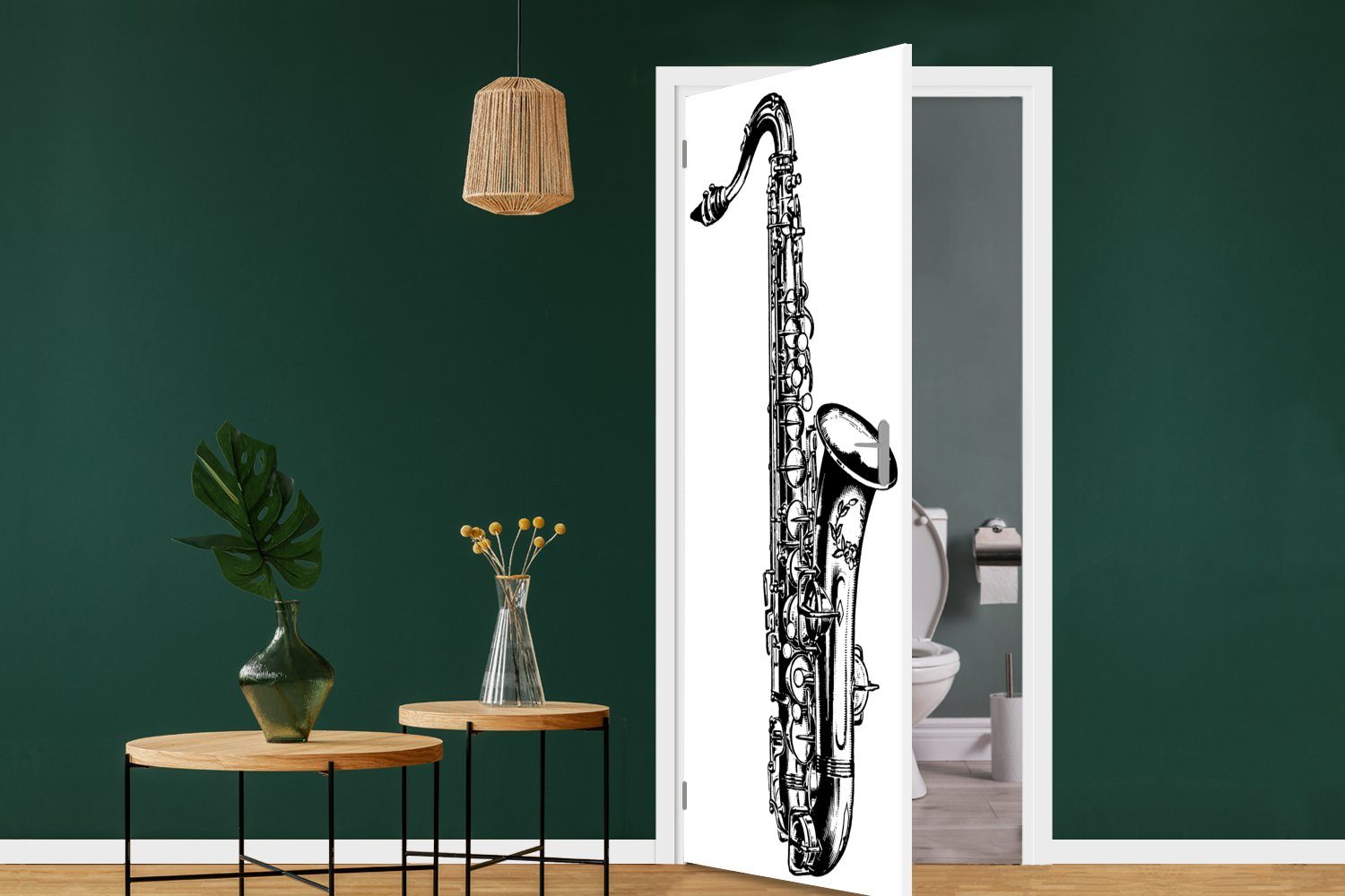 cm (1 für in Matt, MuchoWow Detaillierte St), bedruckt, 75x205 Tür, Saxophons Fototapete schwarz-weiß, Türtapete Illustration Türaufkleber, eines