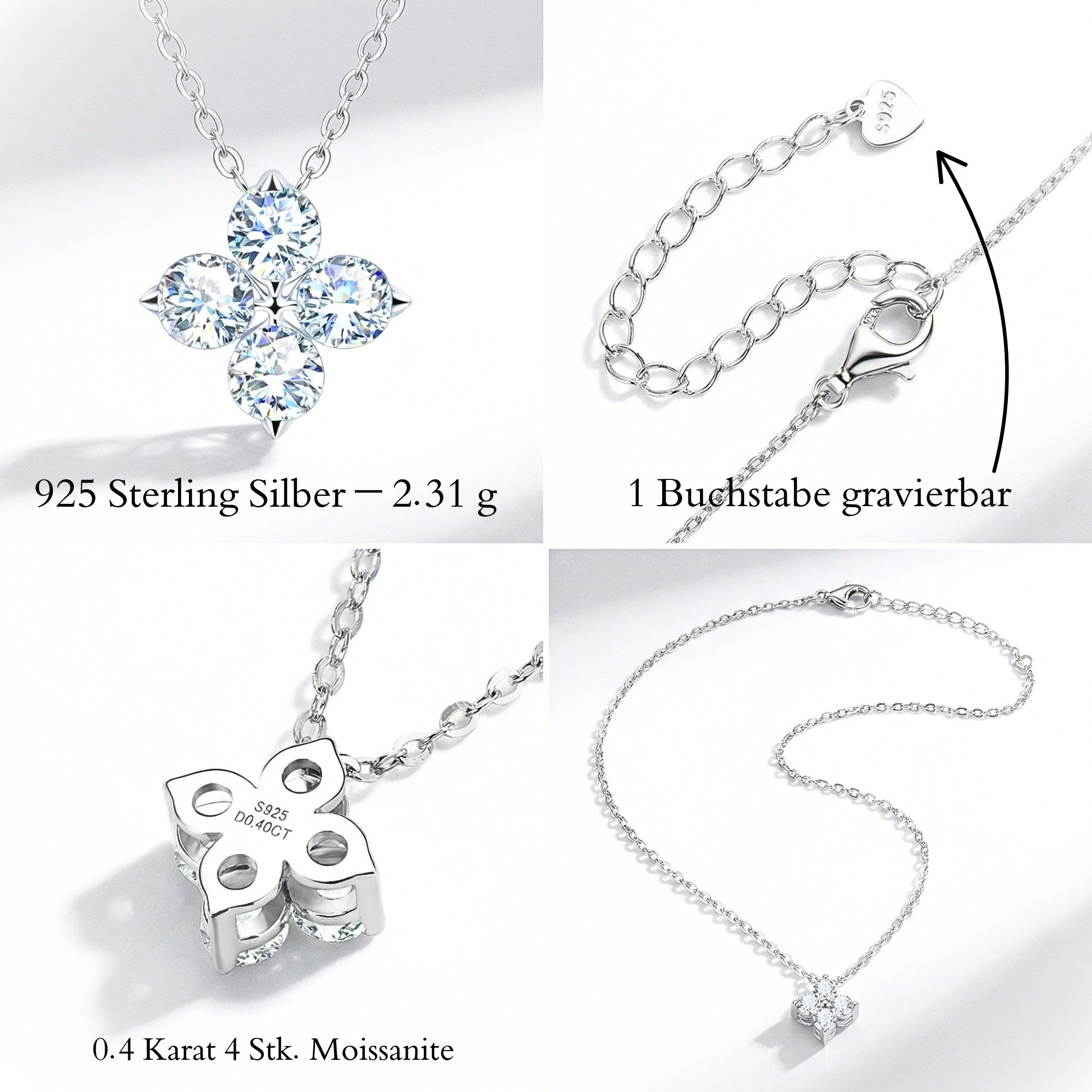 UNIQAL.de Silberkette Damen 925 Silber mit Diamant Moissanit 0,40 Karat - Kleeblatt (Silberkette mit floralem Moissanit Anhänger, 925 Sterling Silber weißgold oder 14K gold veredelt, inkl. Luxuriöse Schmuck Geschenkbox), Moissanit VVS1 Reinheit, GRA-Zertifikat, Halskette Geschenk für Damen