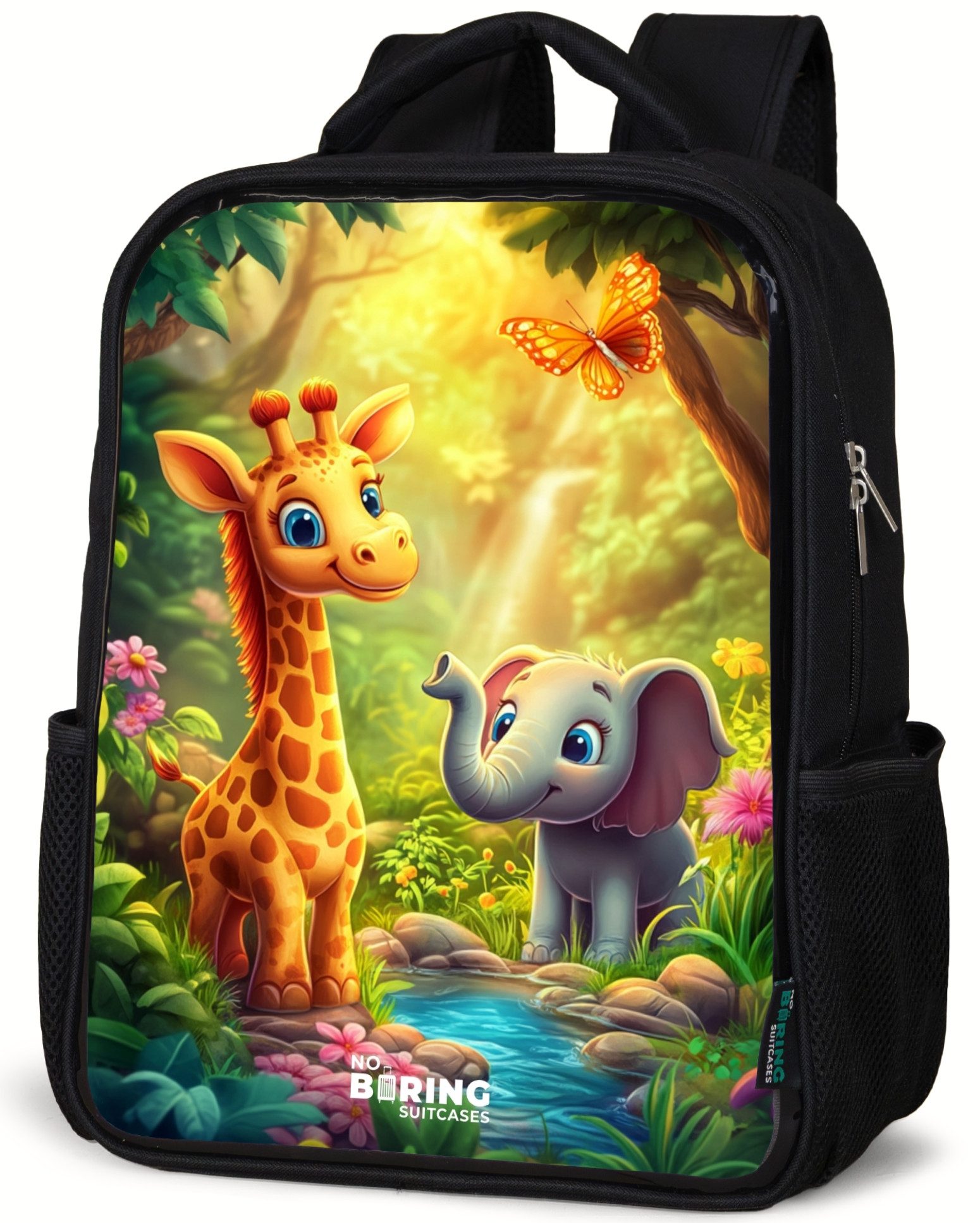 Giraffe und Elefant am Bach im Dschungel