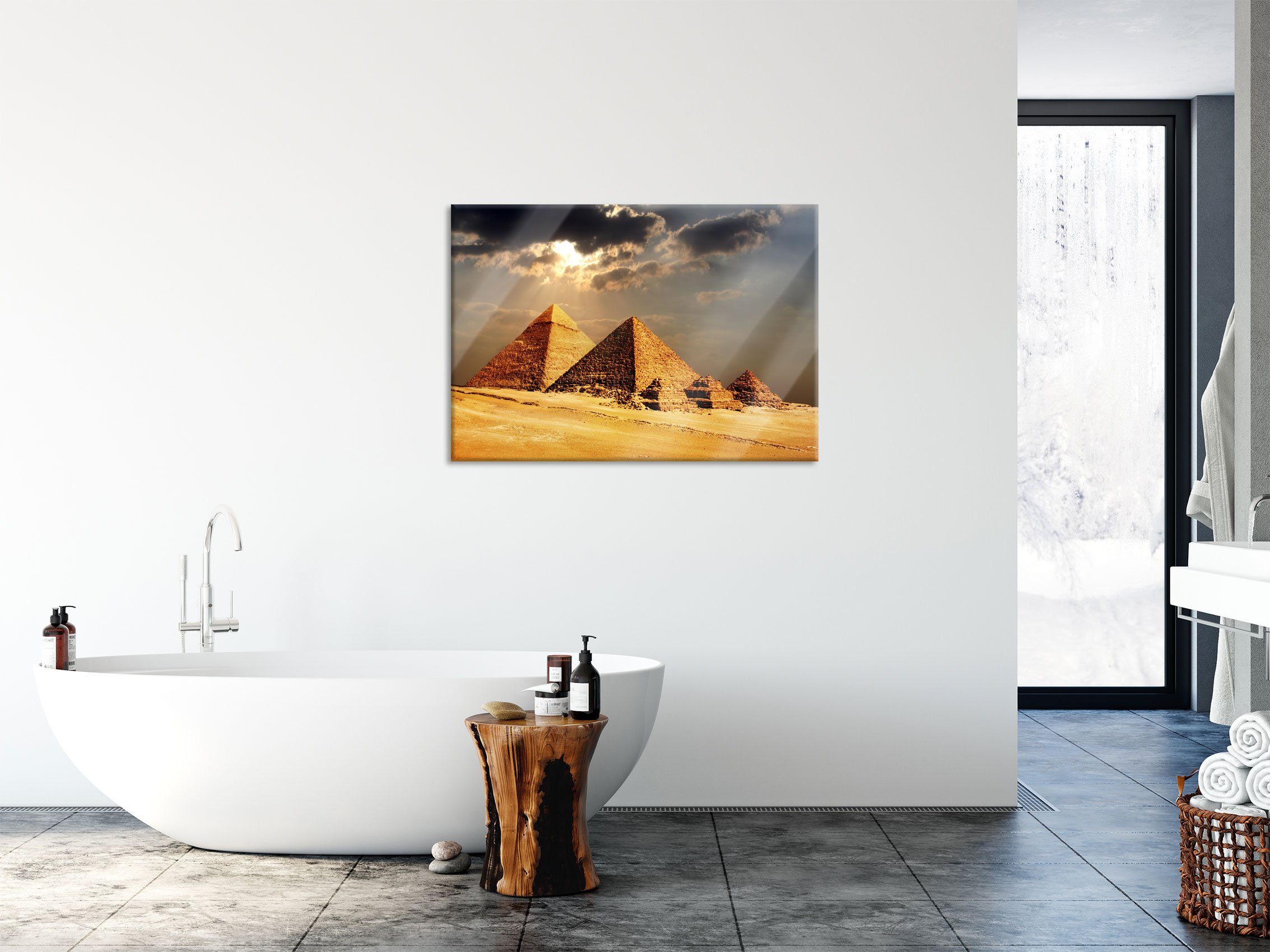 Gizeh Sonnenlicht Glasbild von aus inkl. im Pyramiden und Pyramiden Sonnenlicht, Gizeh im Aufhängungen von St), Glasbild Pixxprint Echtglas, (1 Abstandshalter