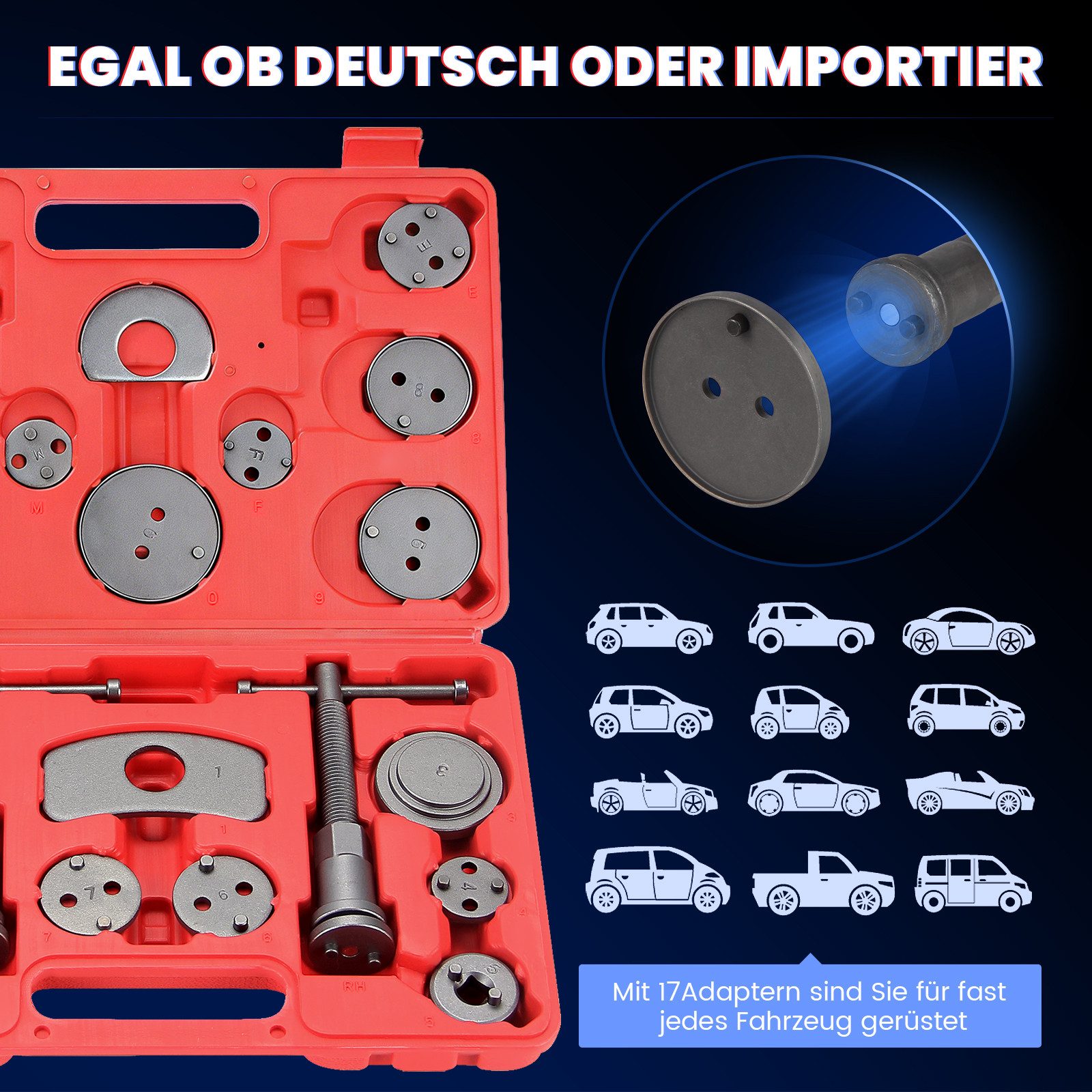 Walter Stahl Germany control Montagewerkzeug 21tlg Bremskolbenrücksteller Set, Werkzeugset, (Set, 21-tlg., 21tlg Bremskolbenrücksteller), KFZ Bremskolben Werkze – Bild 4 von 5