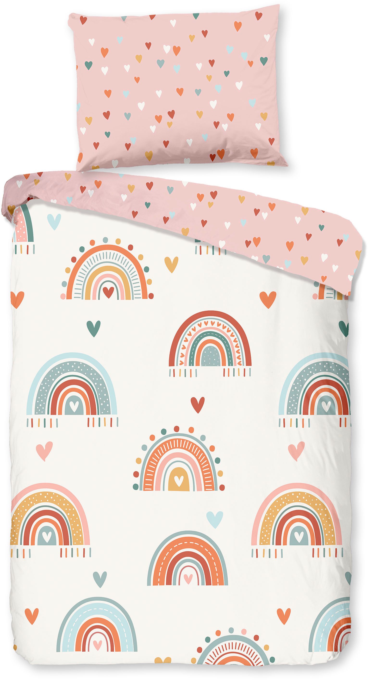 good morning Babybettwäsche Louie, Renforcé, 2 teilig, Baumwolle, Renforcé, Wendeoptik, Baby, Kind, Mädchen, Regenbogen, Rosa
