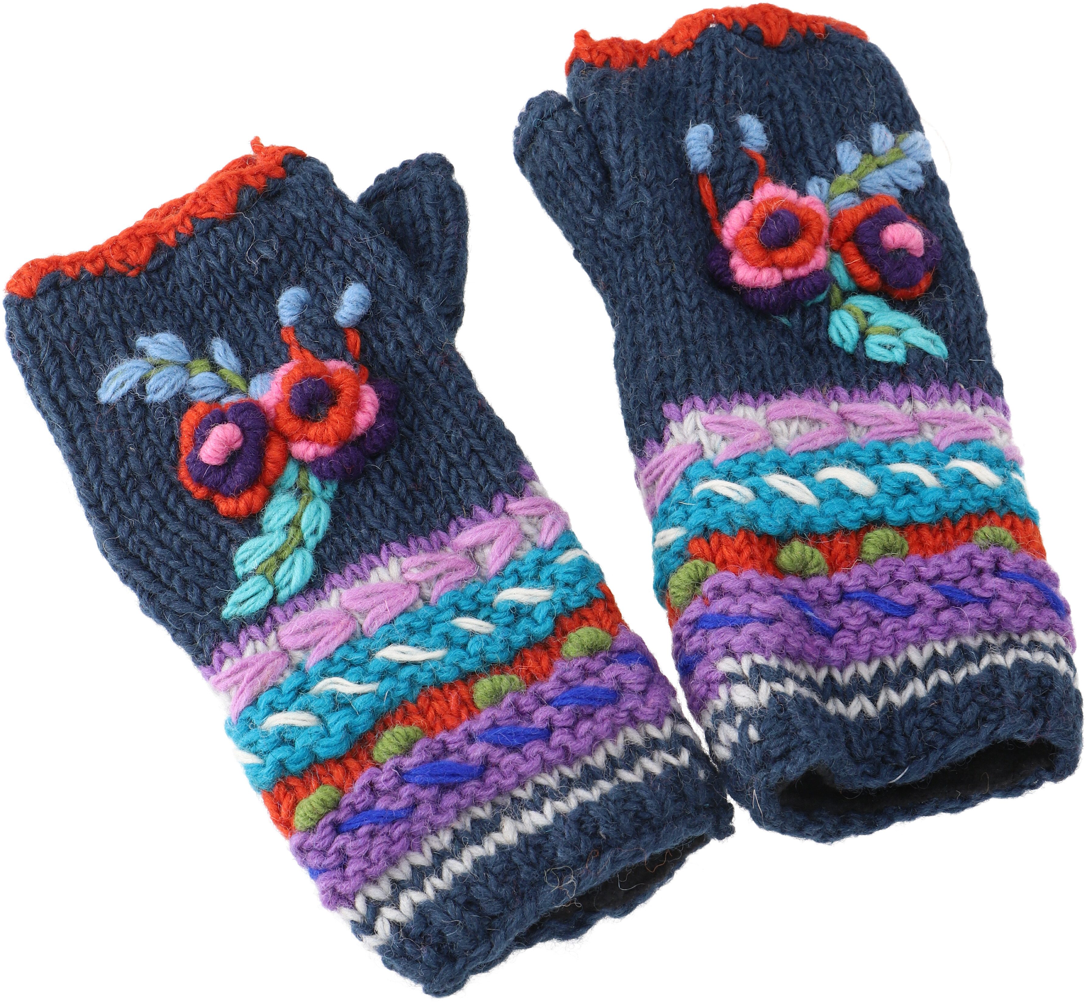 Guru-Shop Strickhandschuhe Handstulpen aus Wolle mit Blume, handgestrickte..