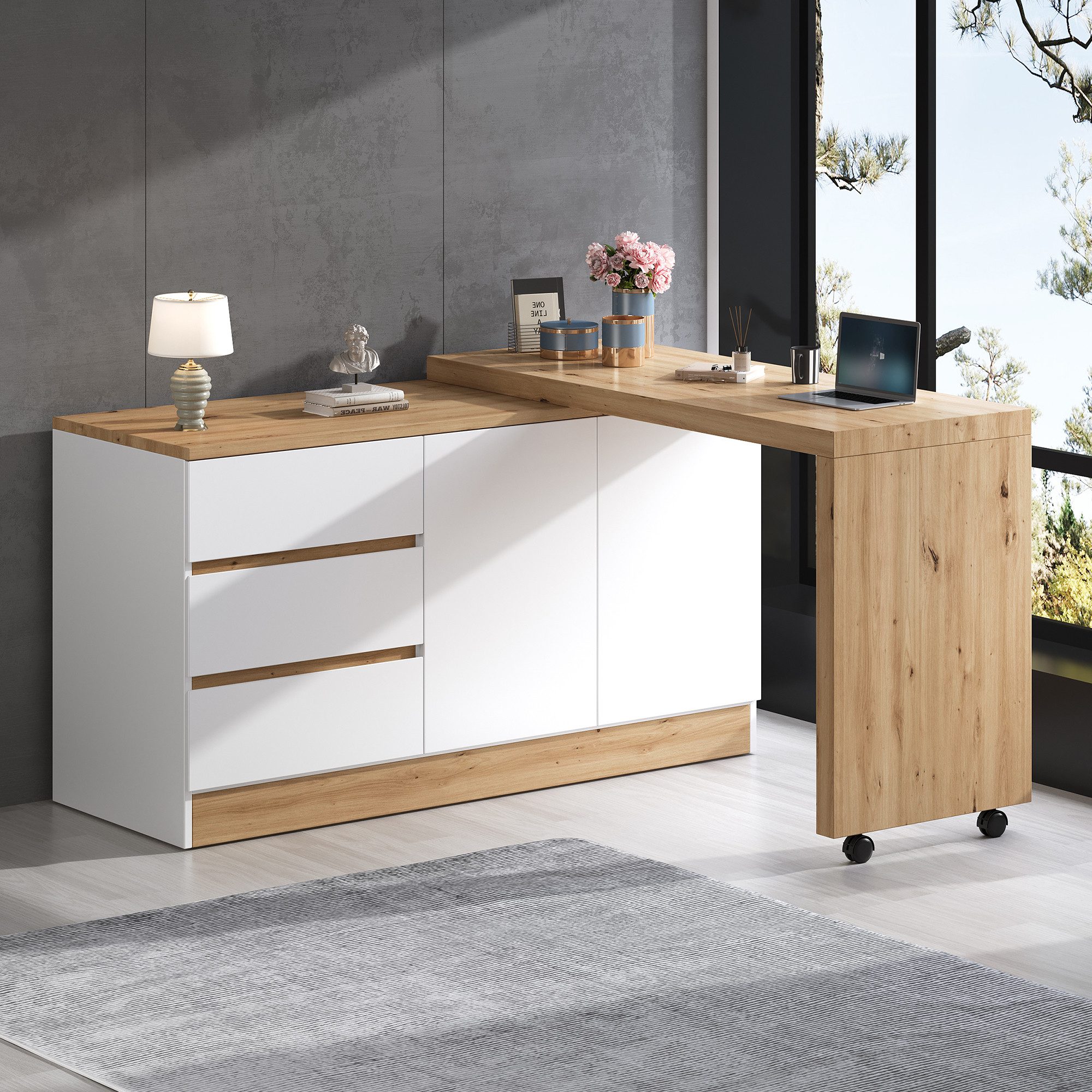 Merax Eckschreibtisch 2-in-1 Schreibtisch mit 3 Schubladen und 2 Türen (1-St., Sideboard auf Rollen), Drehbarer Computertisch mit Stauraum