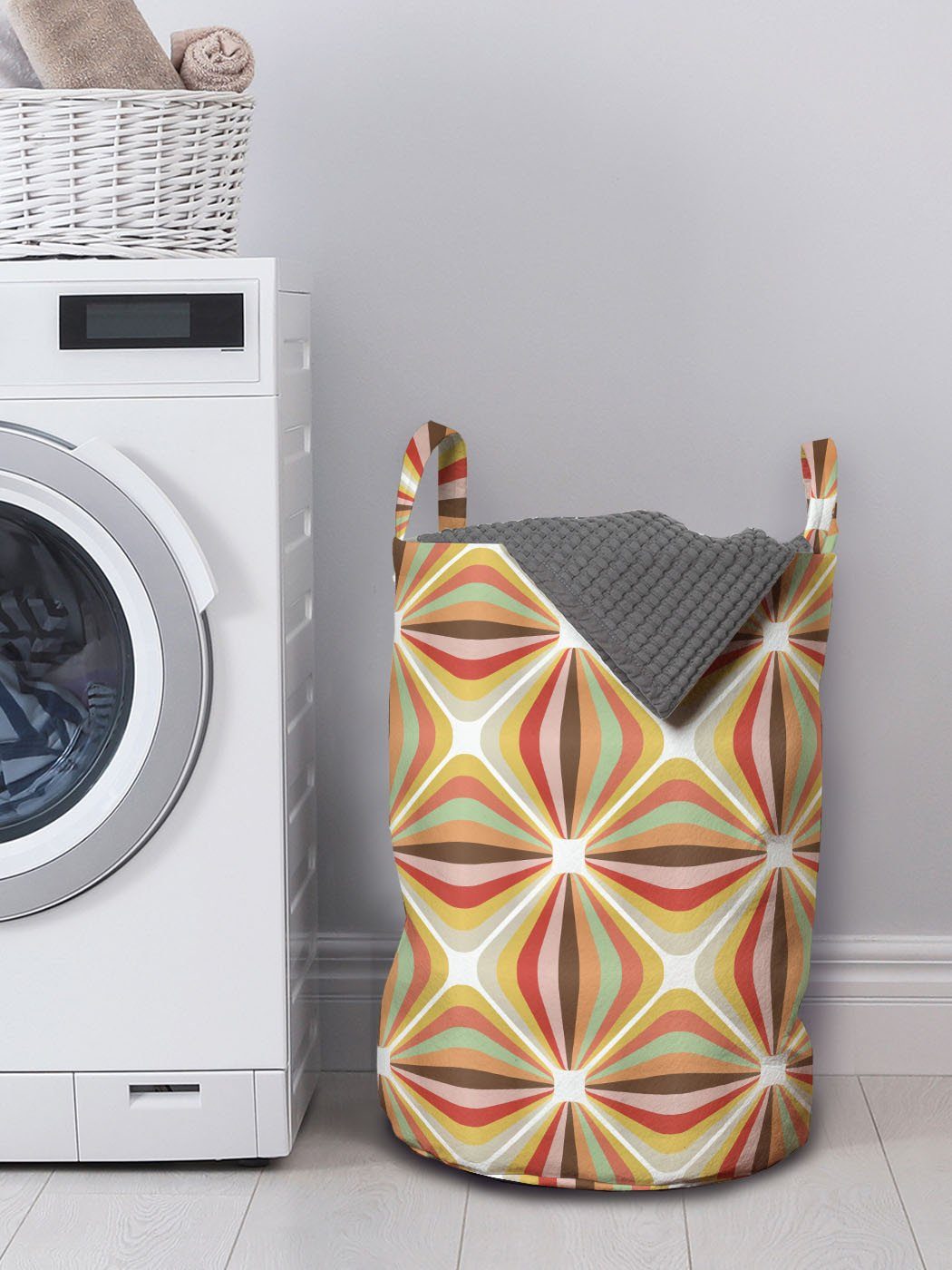 für Waschsalons, Retro und geometrische Griffen Bunte Wäschekorb Wäschesäckchen mit Kordelzugverschluss Abakuhaus